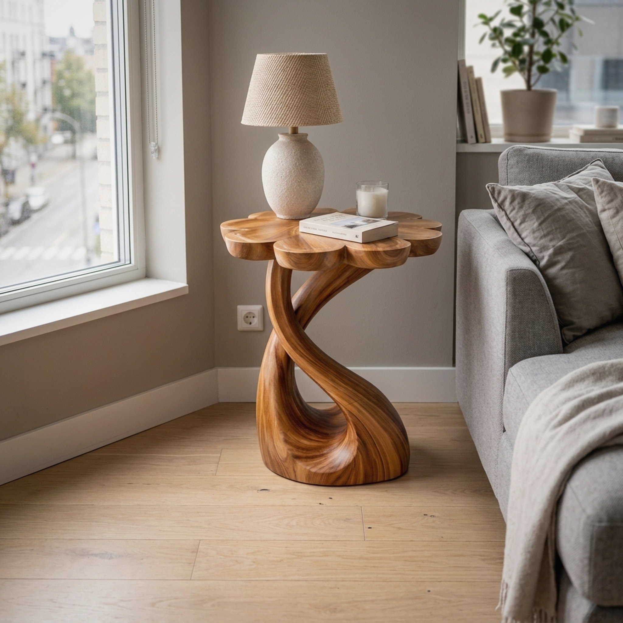 Handcrafted Wooden Nightstand with Floral-Shaped Tabletop for Bedroom