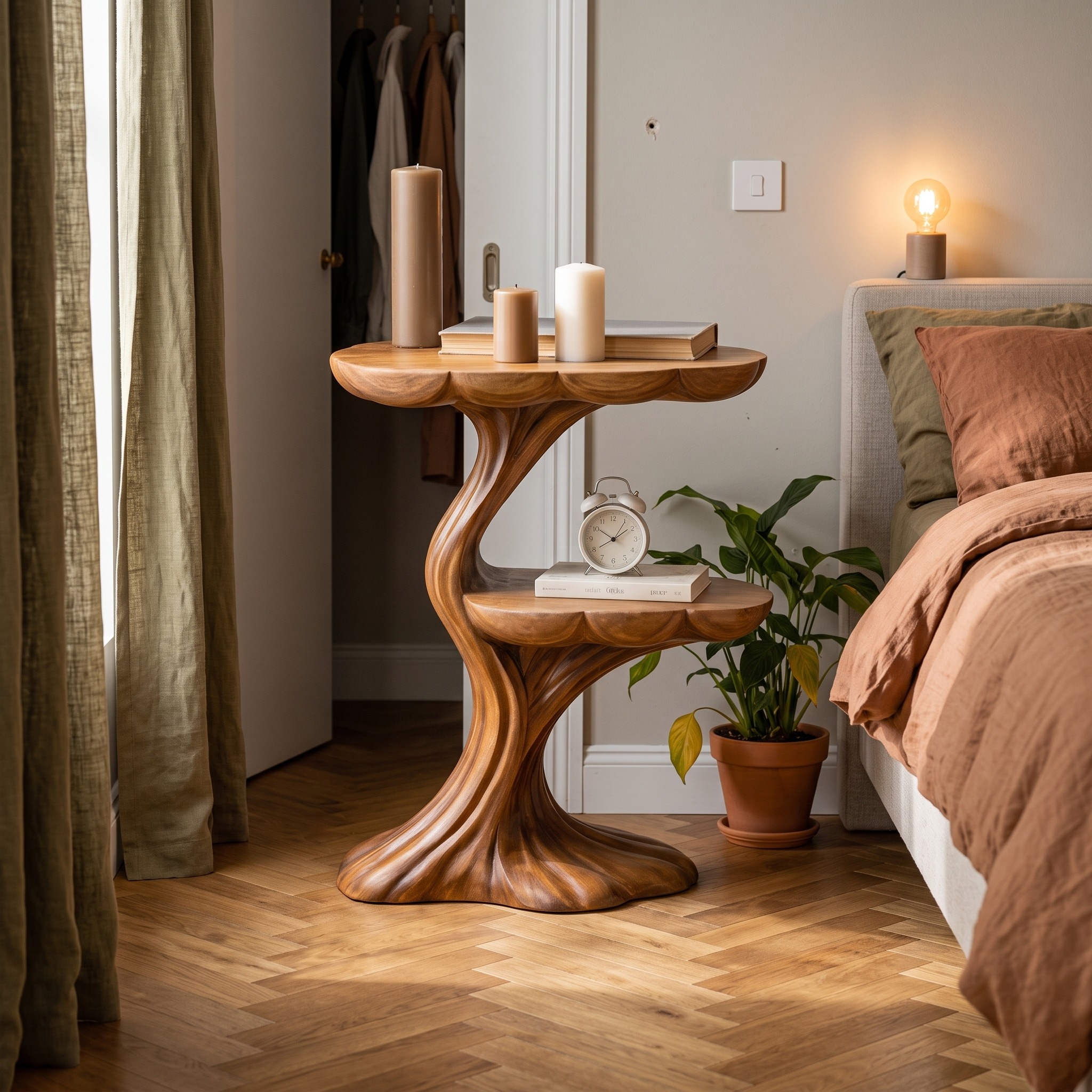 Handcrafted Wooden Nightstand with Organic Branch Base, Rustic Solid Wood Bedside Table, Model