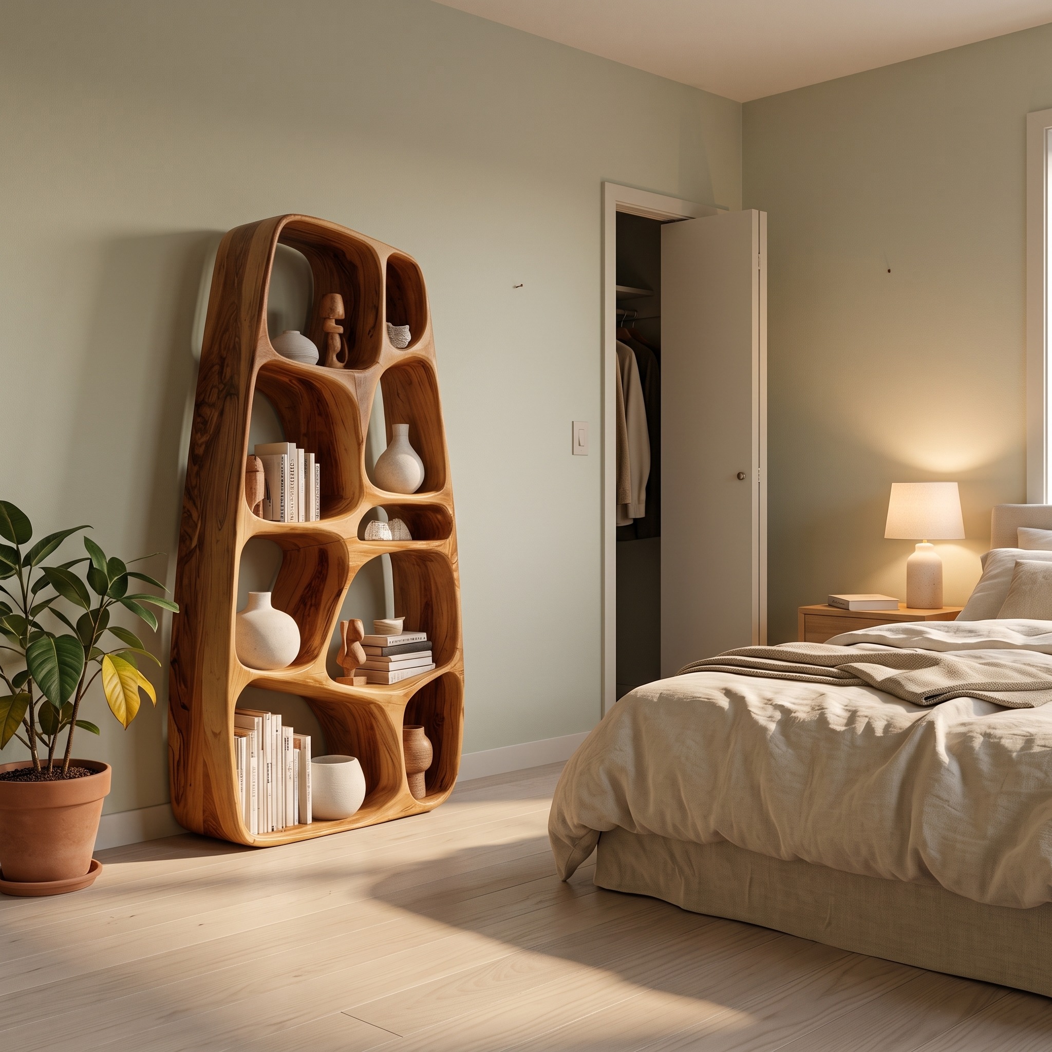 Handcrafted Wooden Sculptural Bookshelf, Solid Wood Standing Bookcase for Modern Living Room & Office Decor