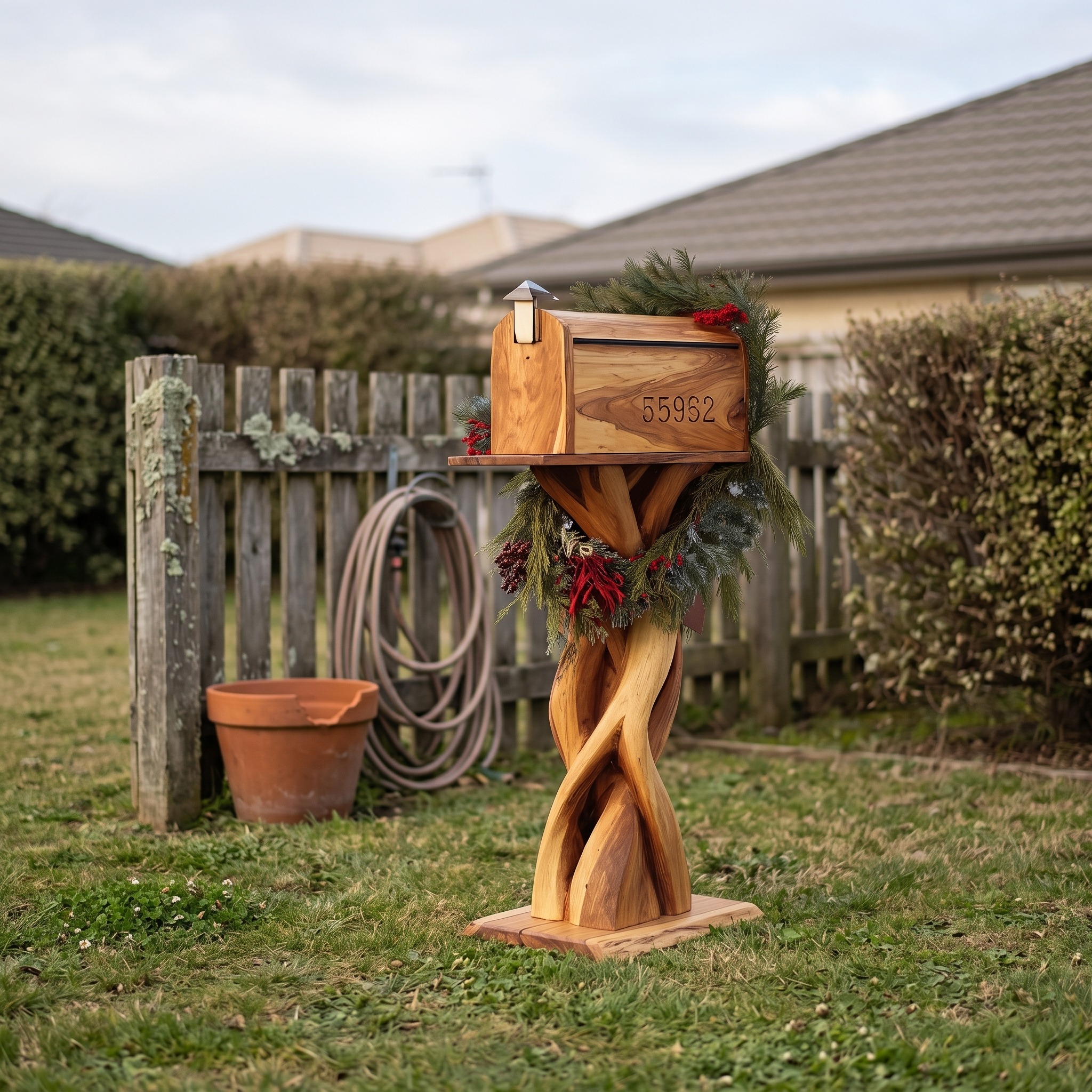 Handcrafted Wooden Sculpture Mailbox, Artistic Solid Wood Post Mailbox, Decorative Outdoor Curb Appeal