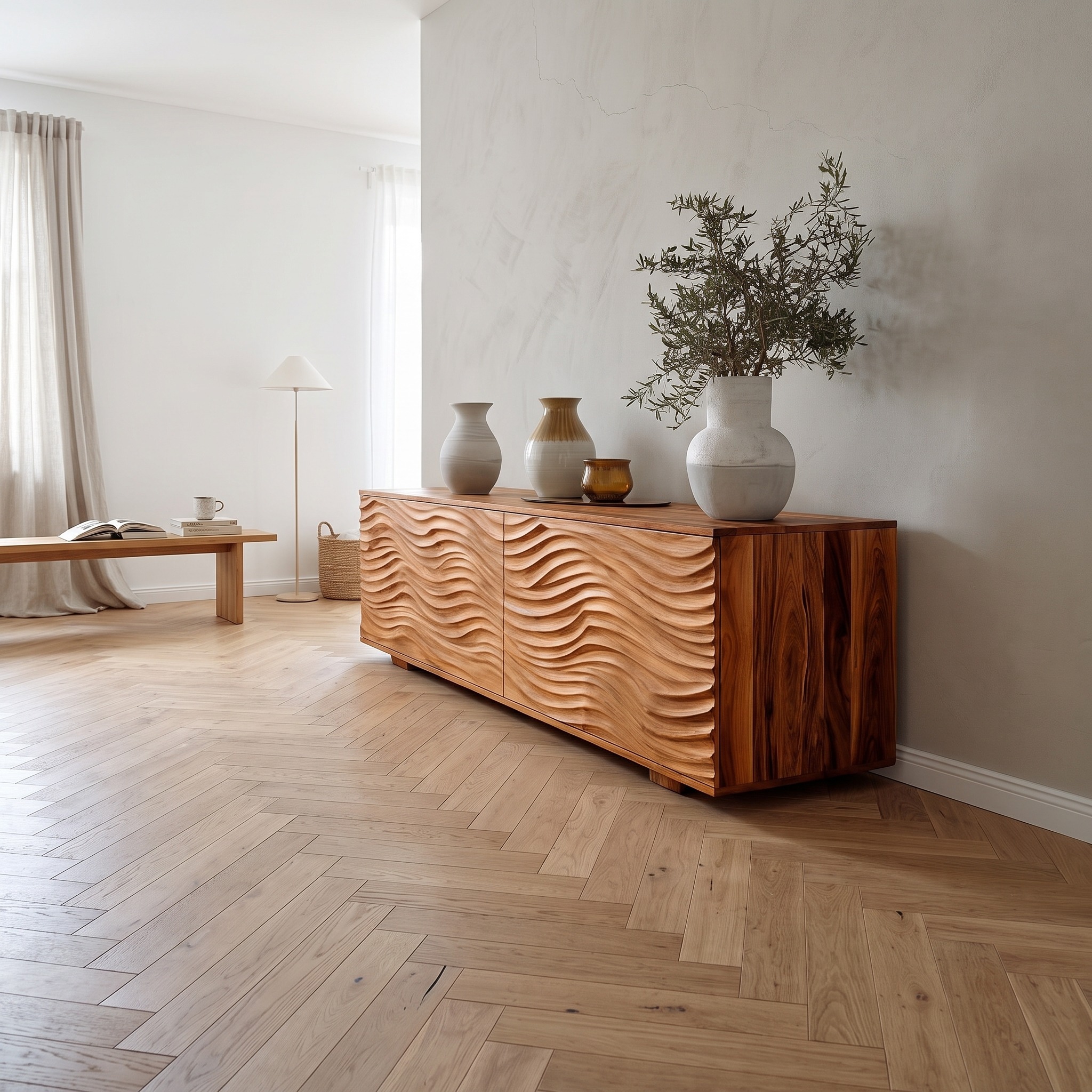 Handcrafted Wooden Sideboard with Sculpted Wave Doors, Modern Solid Wood Credenza Cabinet for Living Room, Model