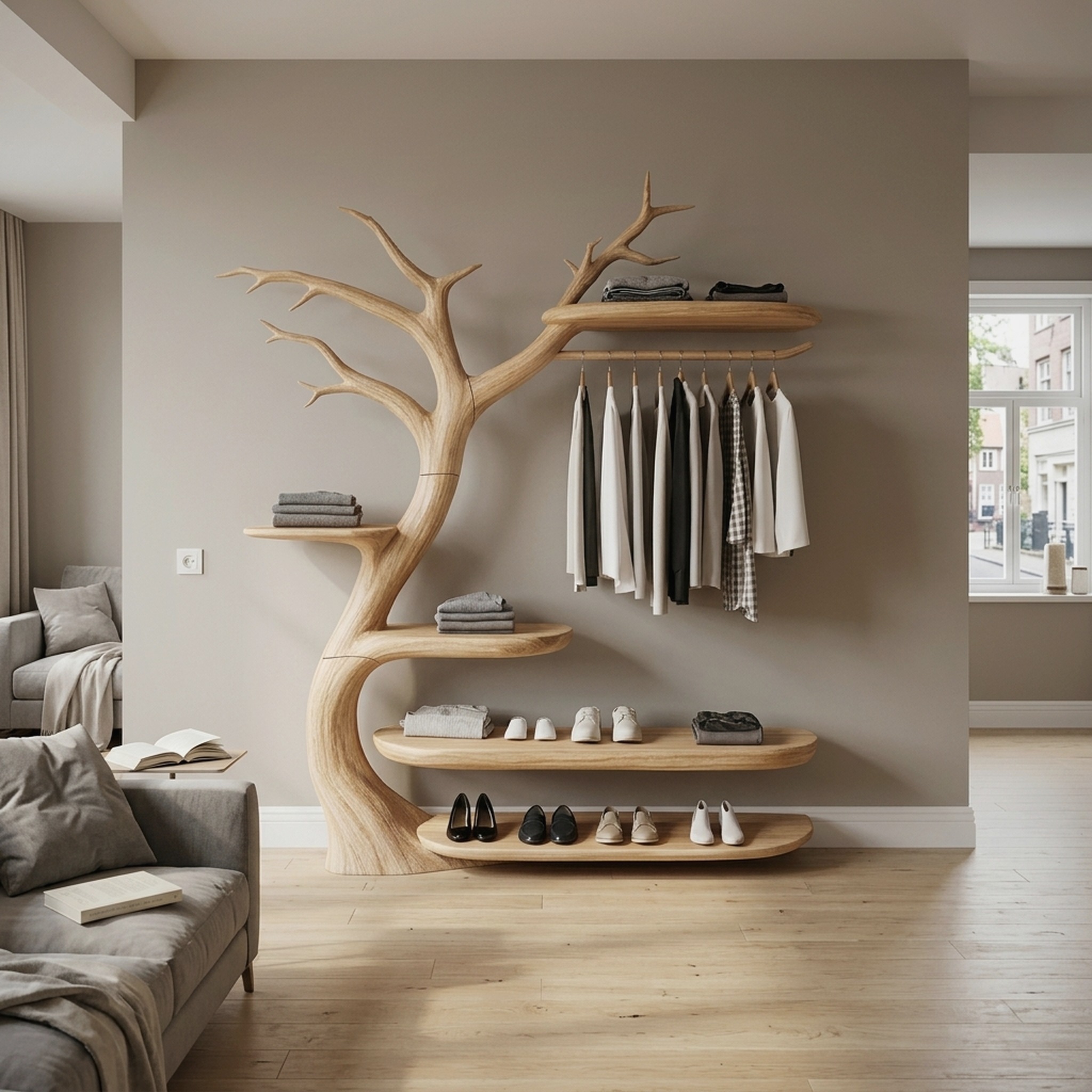 Handcrafted Wooden Tree Coat Rack Bedroom Space