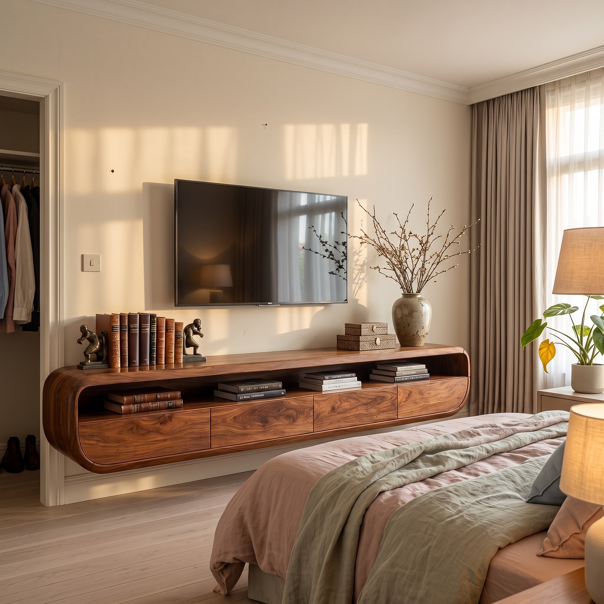Handcrafted Wooden TV Cabinet with Spacious Storage Drawers, Rustic Modern Media Console for Living Room