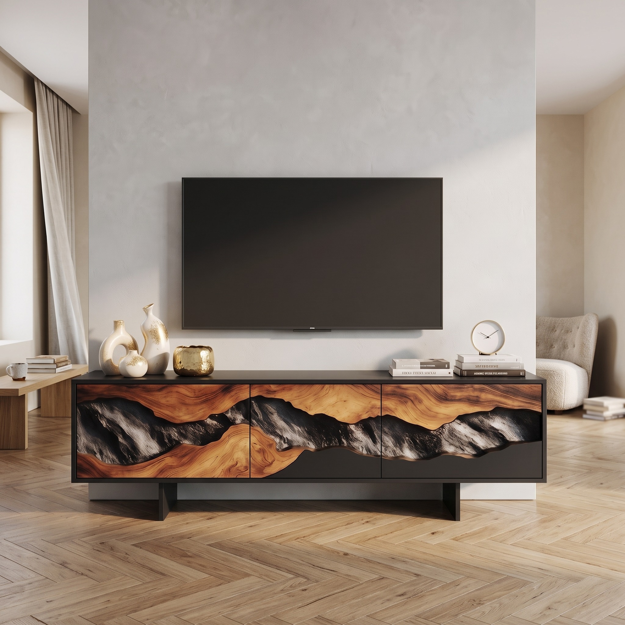 Handcrafted Wooden TV Console Cabinet, Mid Century Solid Wood Entertainment Media Stand for Cozy Living Room