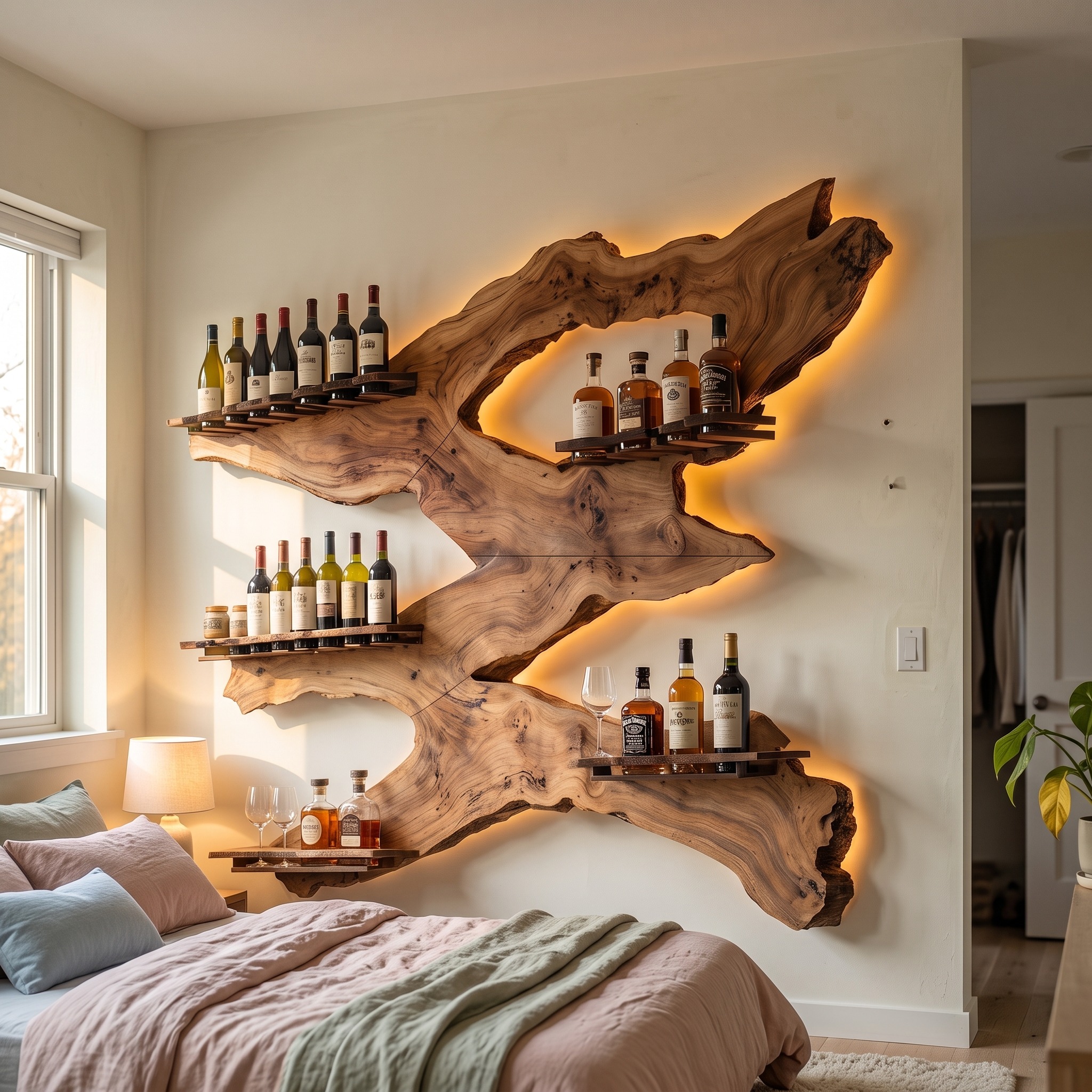 Handcrafted Wooden Wine Holder, Wall-Mounted Rustic Single Wine Bottle Rack & Stemware Hanging Glass Organizer Shelf