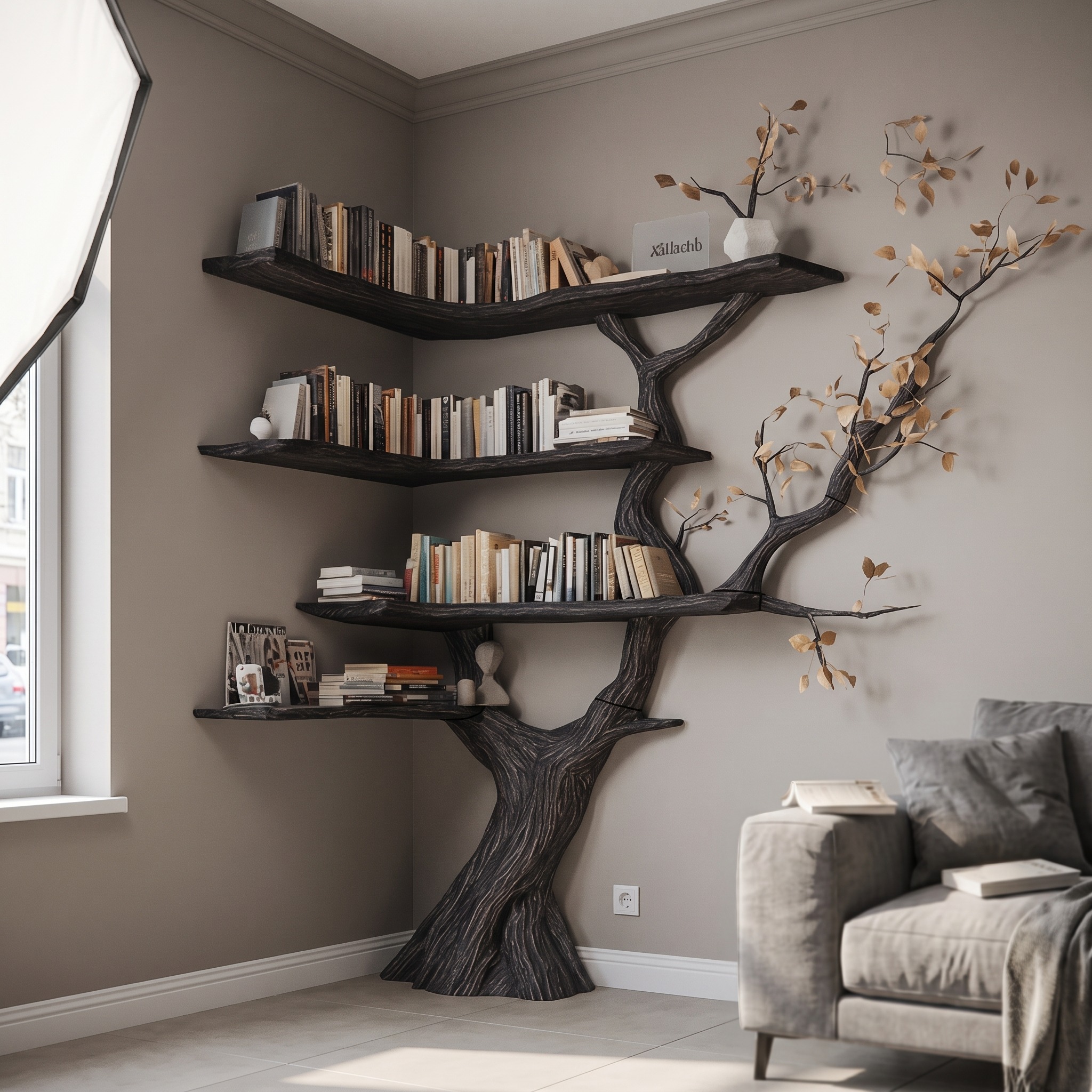Handmade Corner Tree Bookshelf, Space Saving Solid Wood Bookcase, Decorative Accent Storage Shelf for Living Room