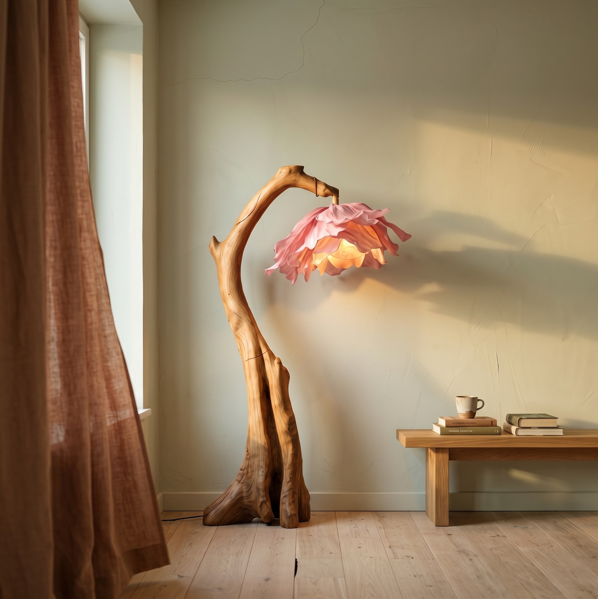 Handmade Flower Floor Lamp, Modern Sculptural Solid Wood Base Floral Tall Standing Light for Living Room