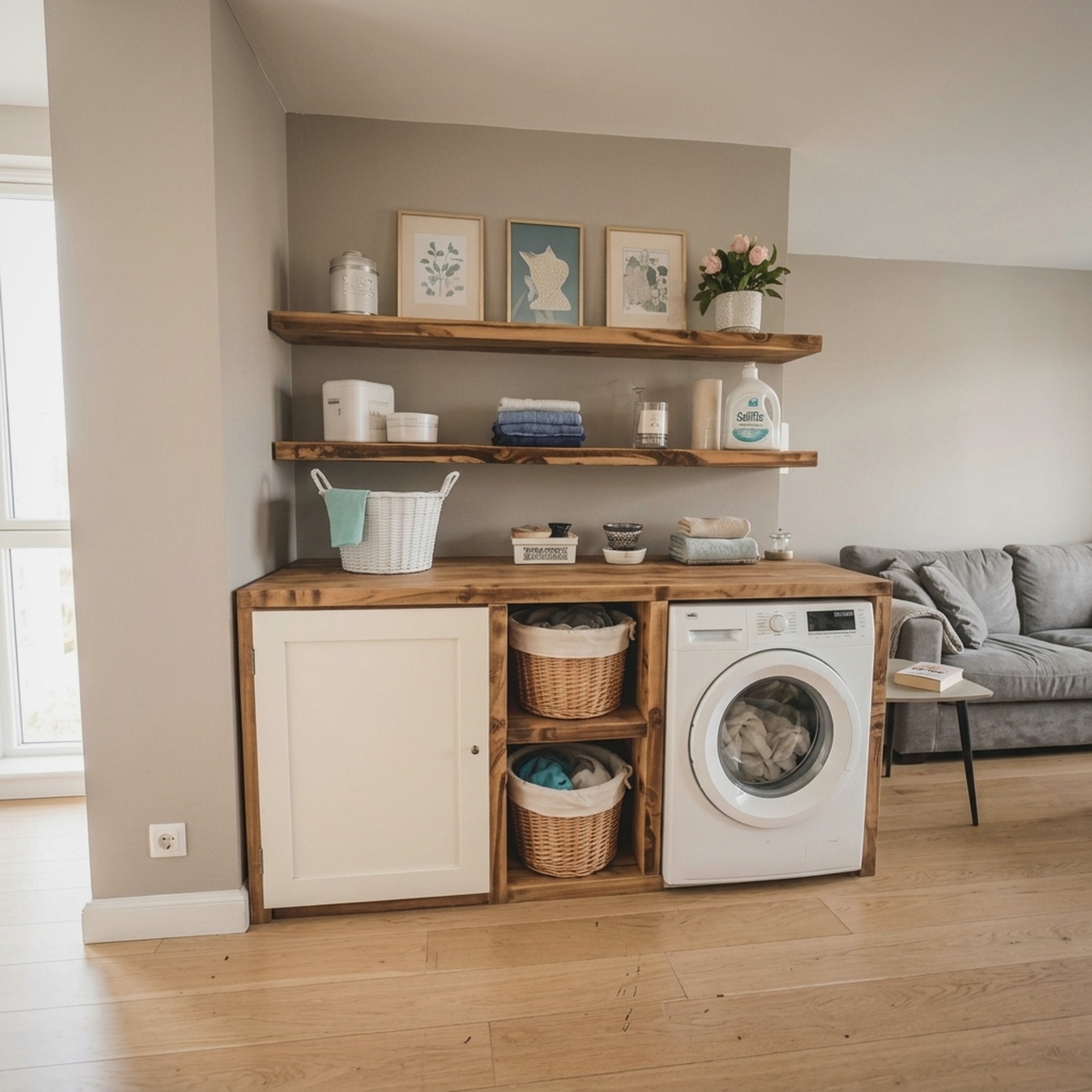 Handmade Laundry Room Cabinet and Open Wood Shelves for Modern Utility Space