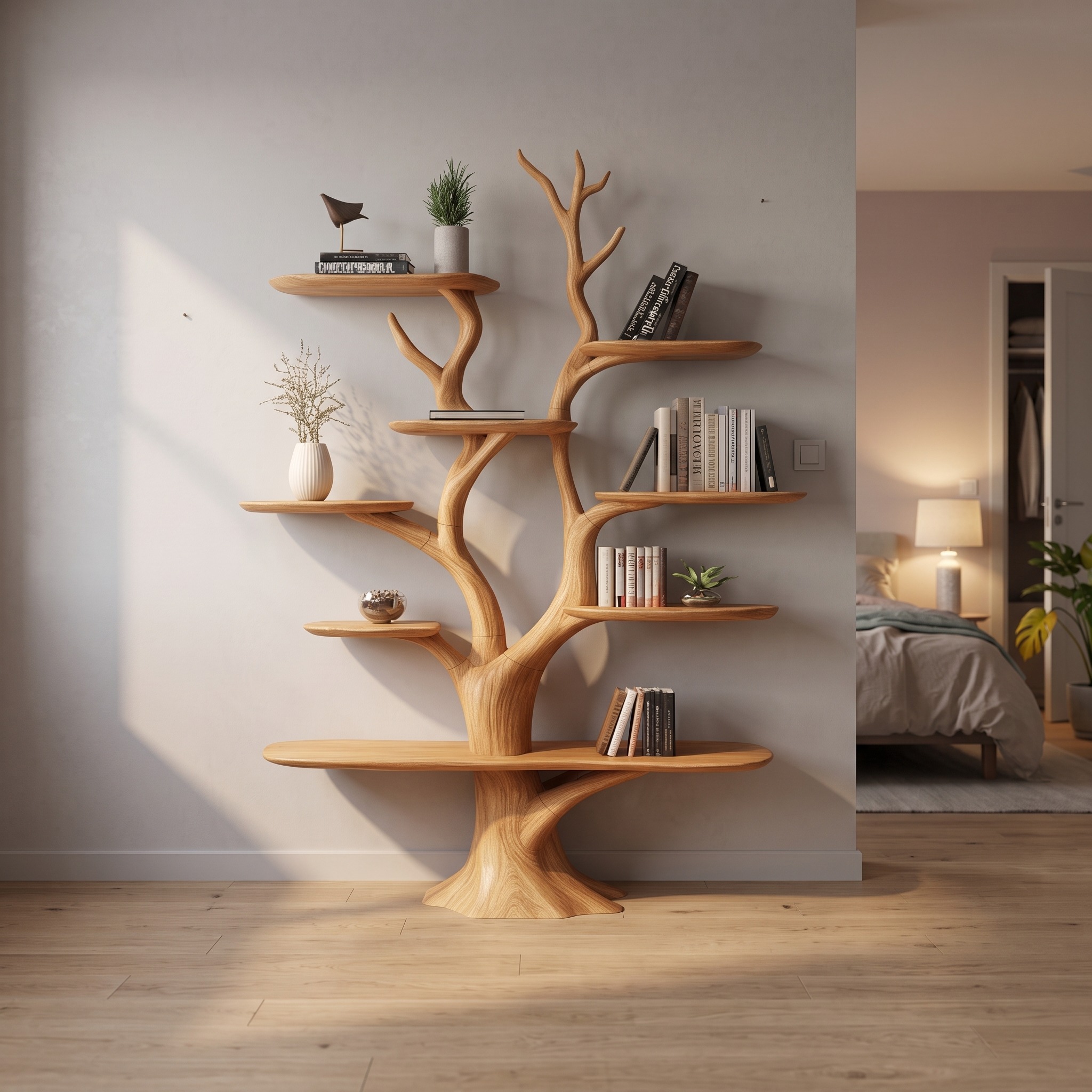 Handmade Walnut Wood Bookshelf, Solid Wood Wall Mounted Tree Shelf, Unique Living Room Decor & Thoughtful Family Gift