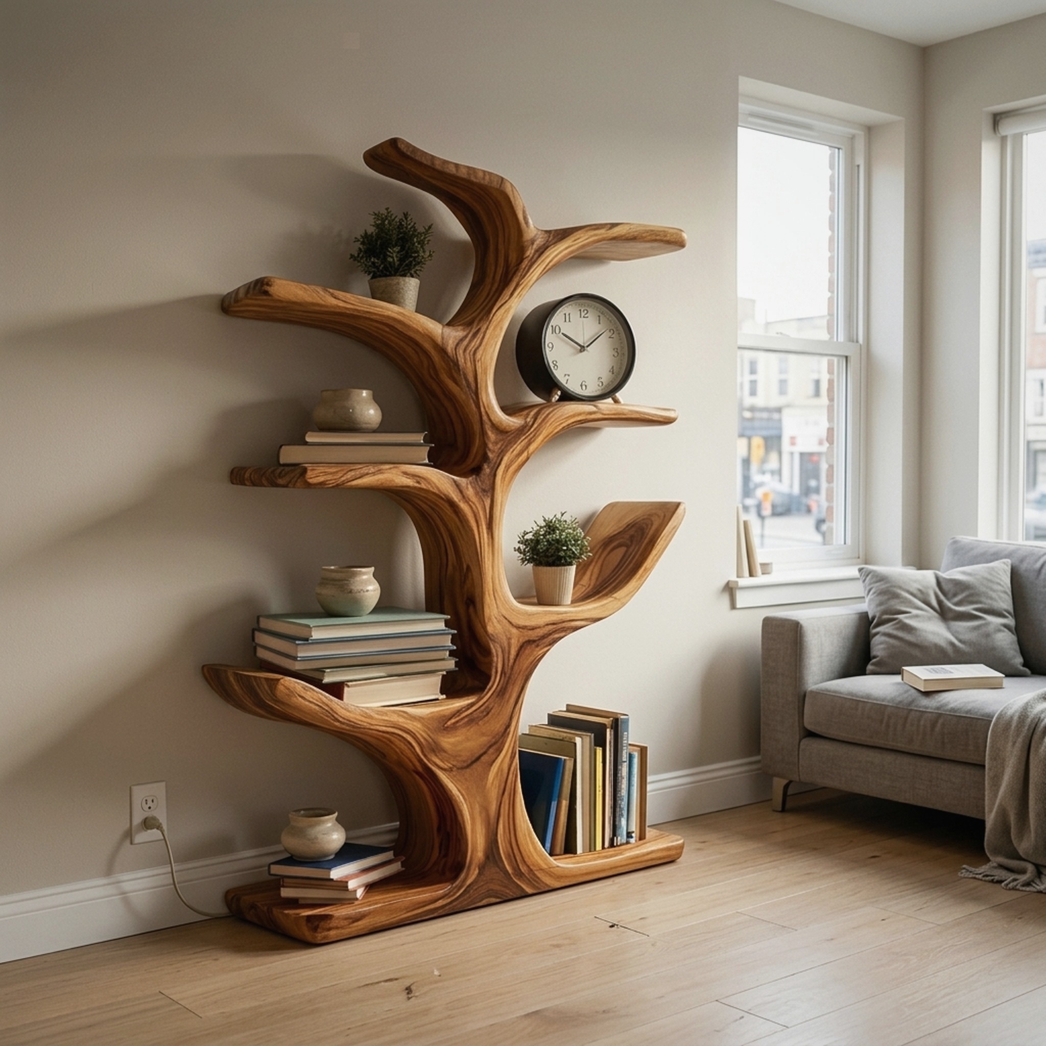 Handmade Wood Bookshelf Sculptural Curved Design for Living Room