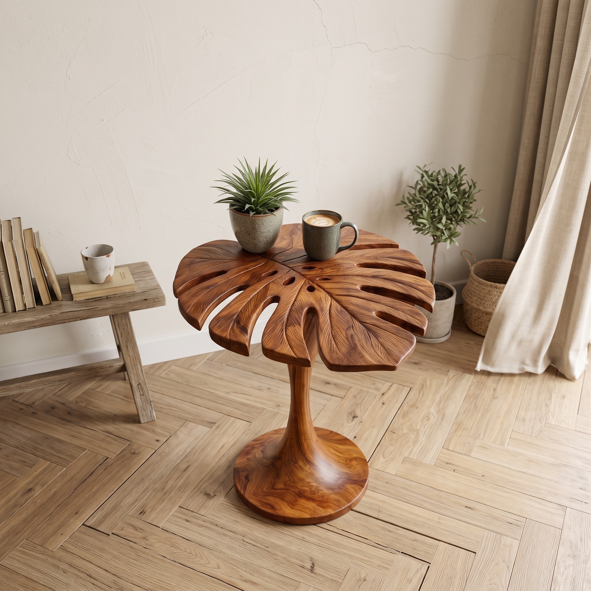 Handmade Wooden Side Table with Leaf Shape Top, Solid Wood Sculptural End Table for Sofa Side & Living Room, Model