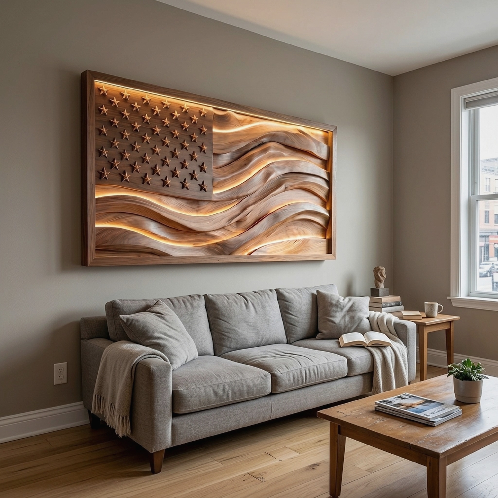 Illuminated American Flag Wood Wall Art, Backlit Handcrafted USA Patriotic Wooden Flag Sign for Office, Study & Living Room Decor