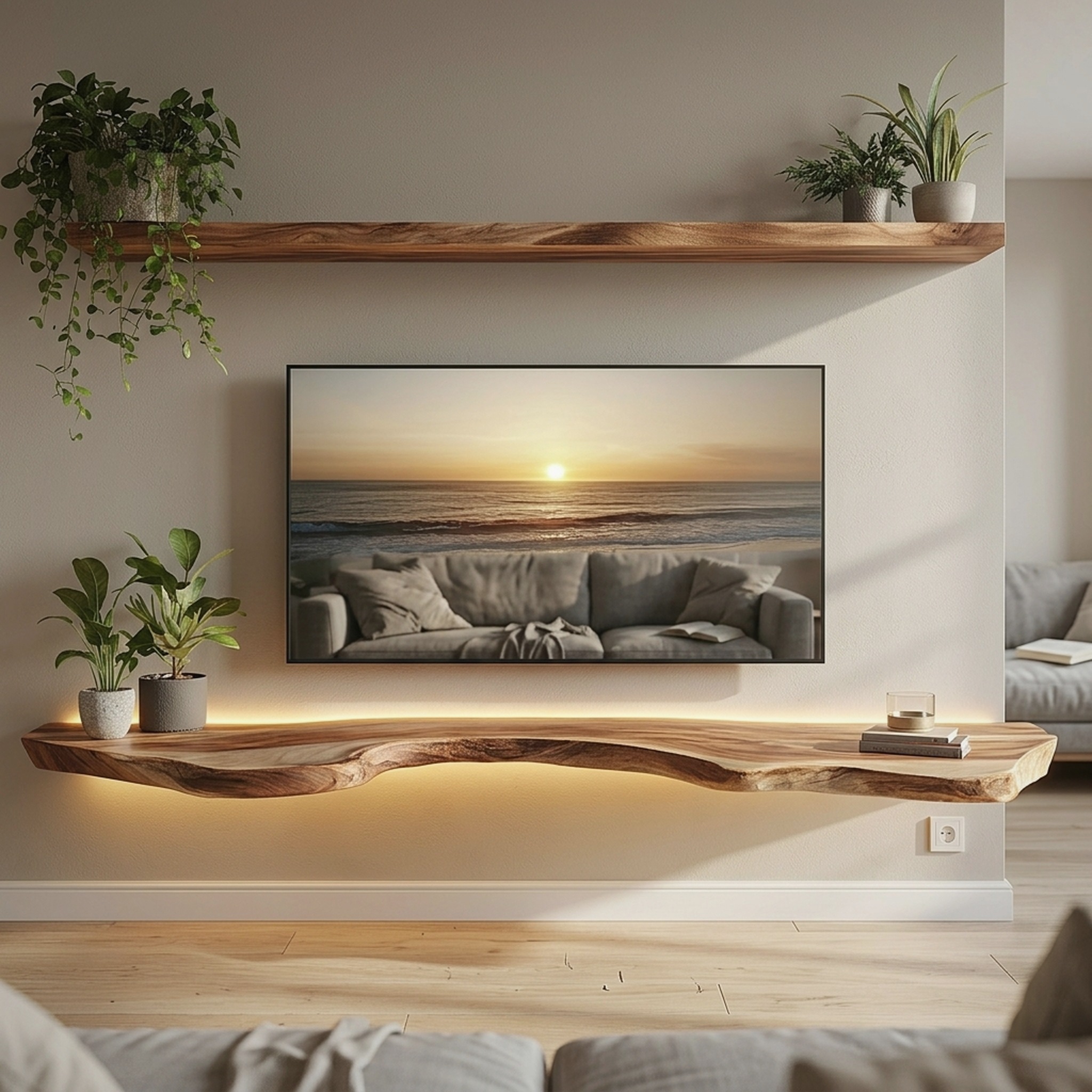 Illuminated Solid Wood Floating TV Shelf Modern Living Room Interior