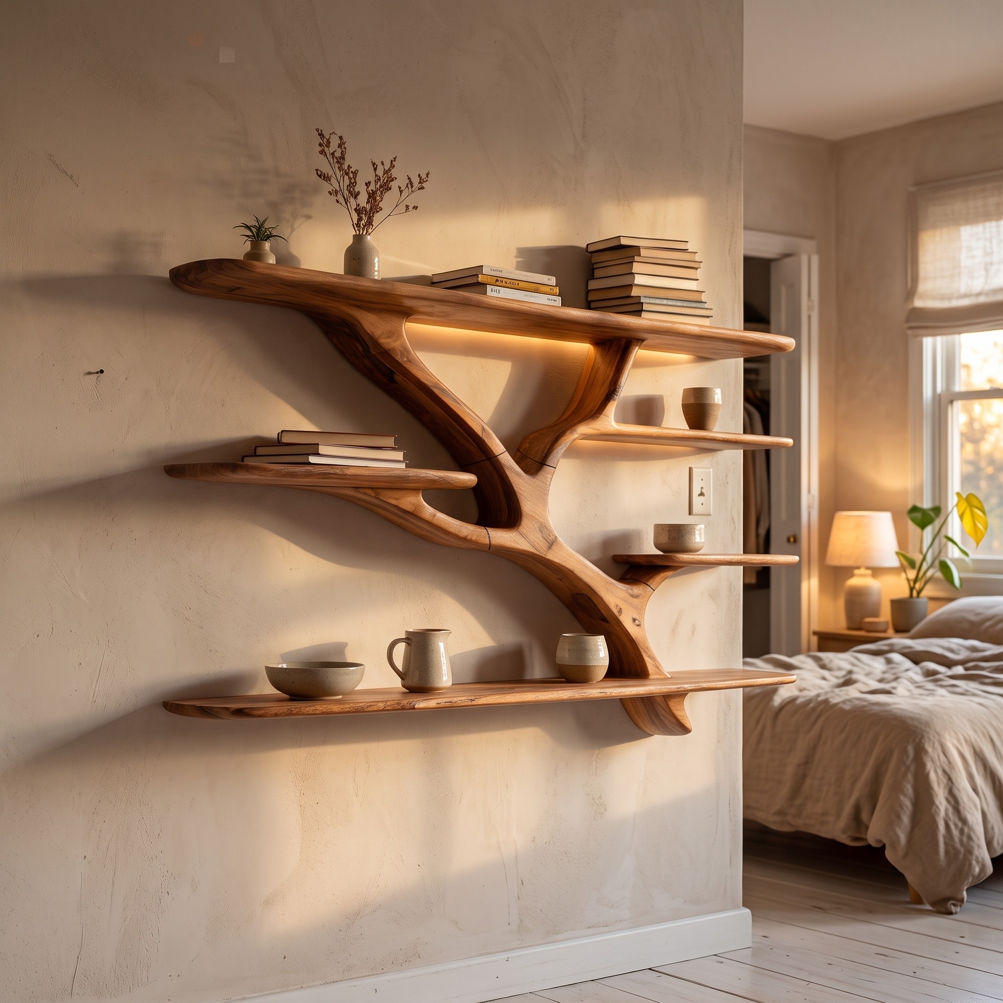 Industrial Floating Wooden Shelving Unit, Handcrafted Wall Mounted Storage Organizer Bookshelf for Bedroom Decor