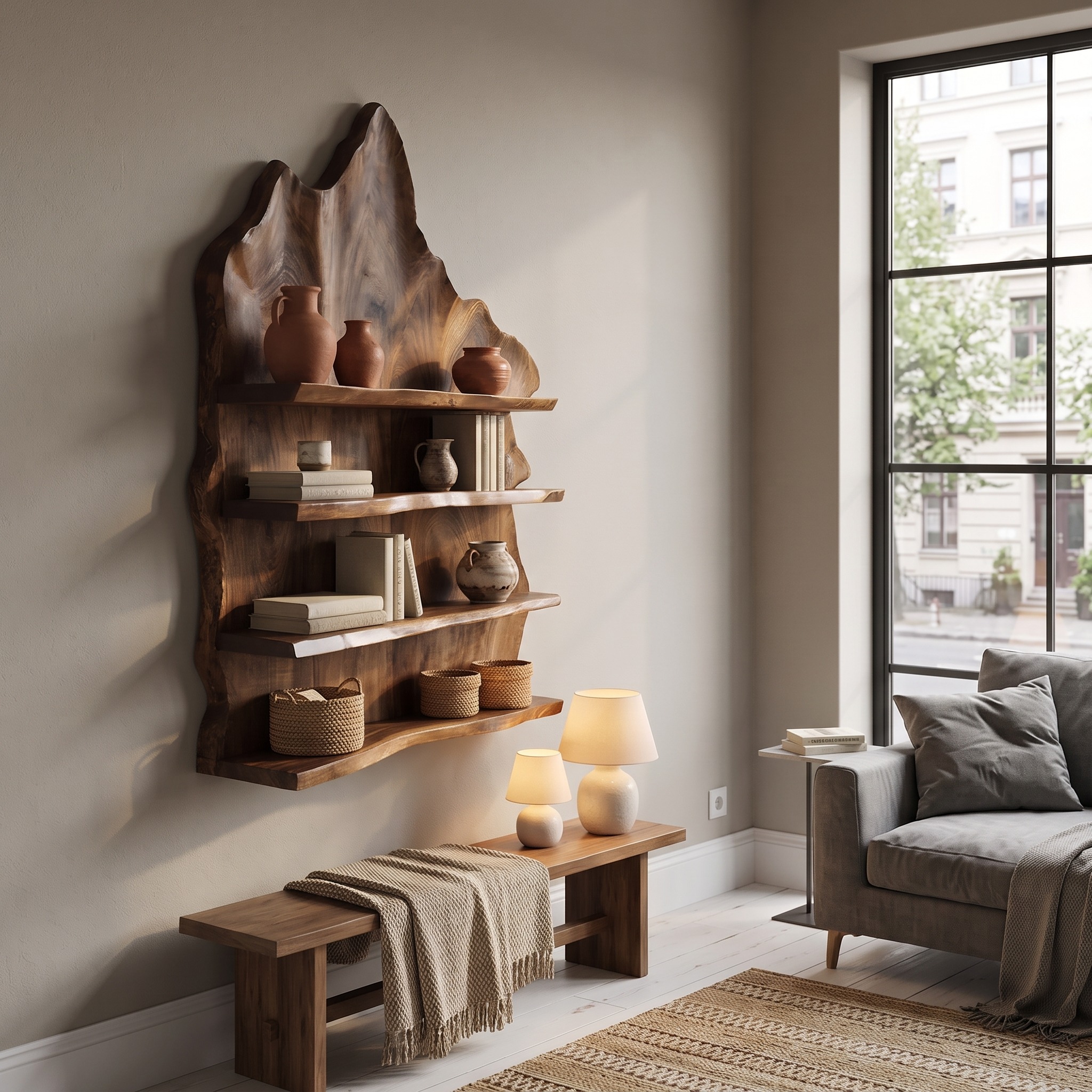 Industrial Live Edge Floating Shelf, Rustic Solid Wood Wall Mounted Storage Rack for Living Room