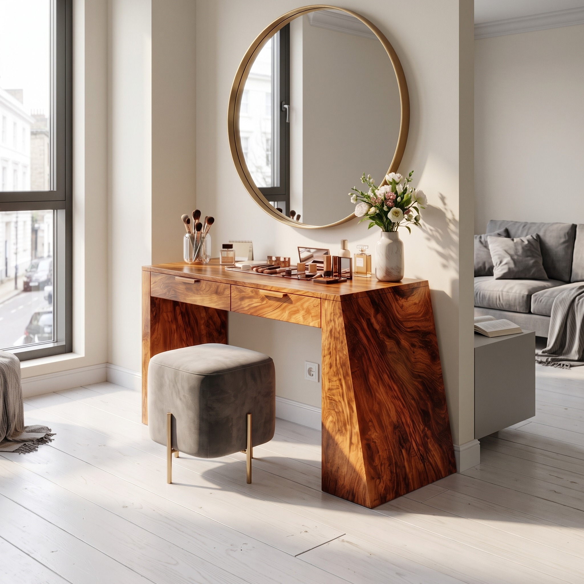 Industrial Makeup Vanity Desk with Mirror & Drawers, Handcrafted Wooden Dressing Table & Home Office Writing Desk