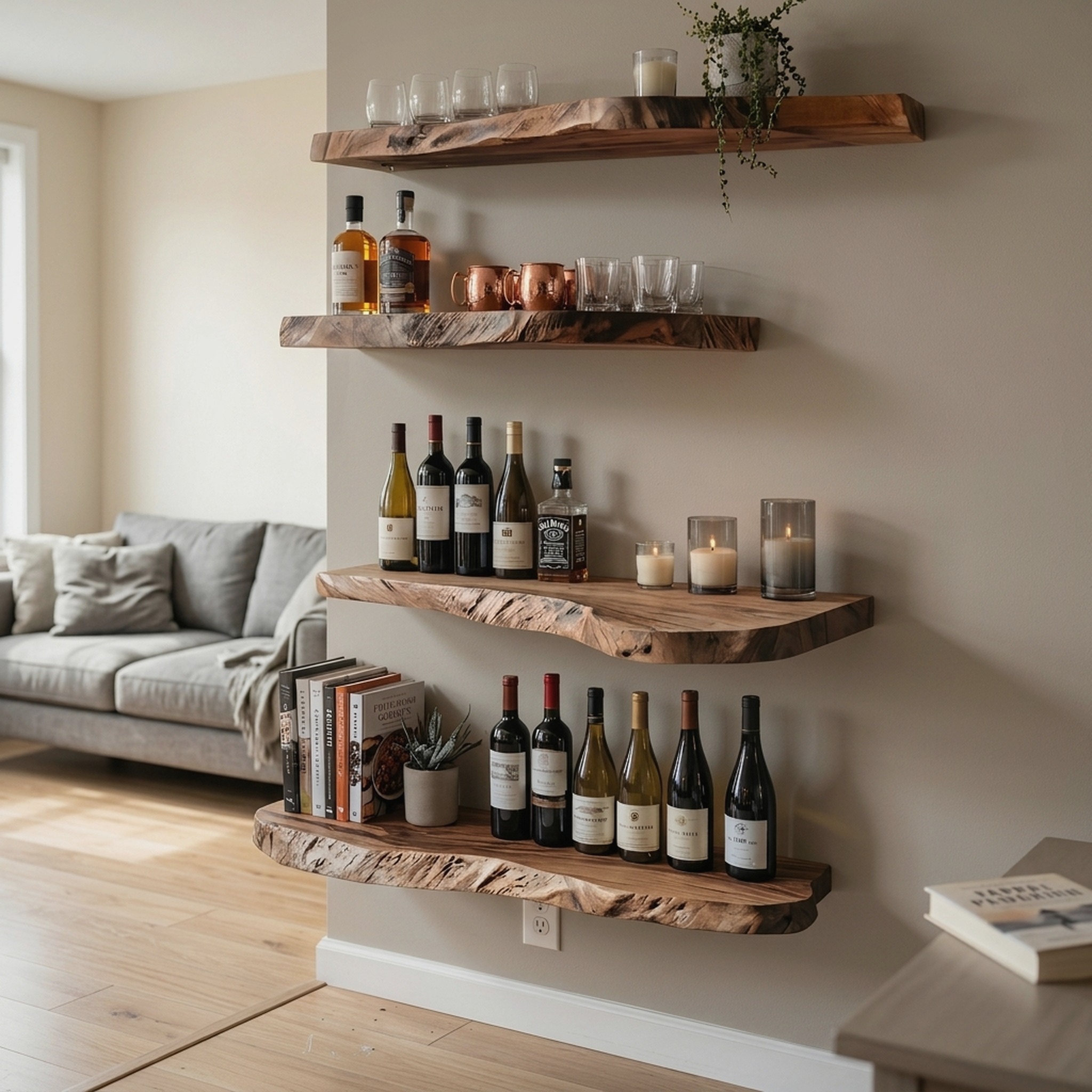 Industrial Rustic Floating Wine Display Shelves Solid Wood Wall Rack