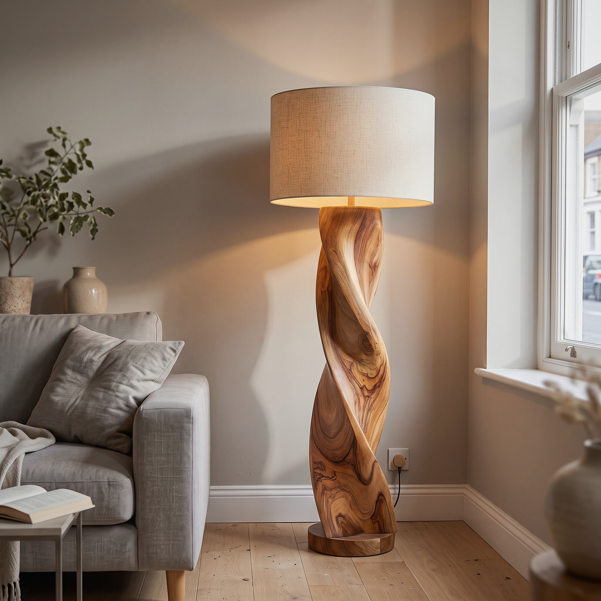 Industrial Sculptural Table Lamp, Modern Wood & Metal Geometric Ambient Nightlight for Entryway Console & Living Room Corner