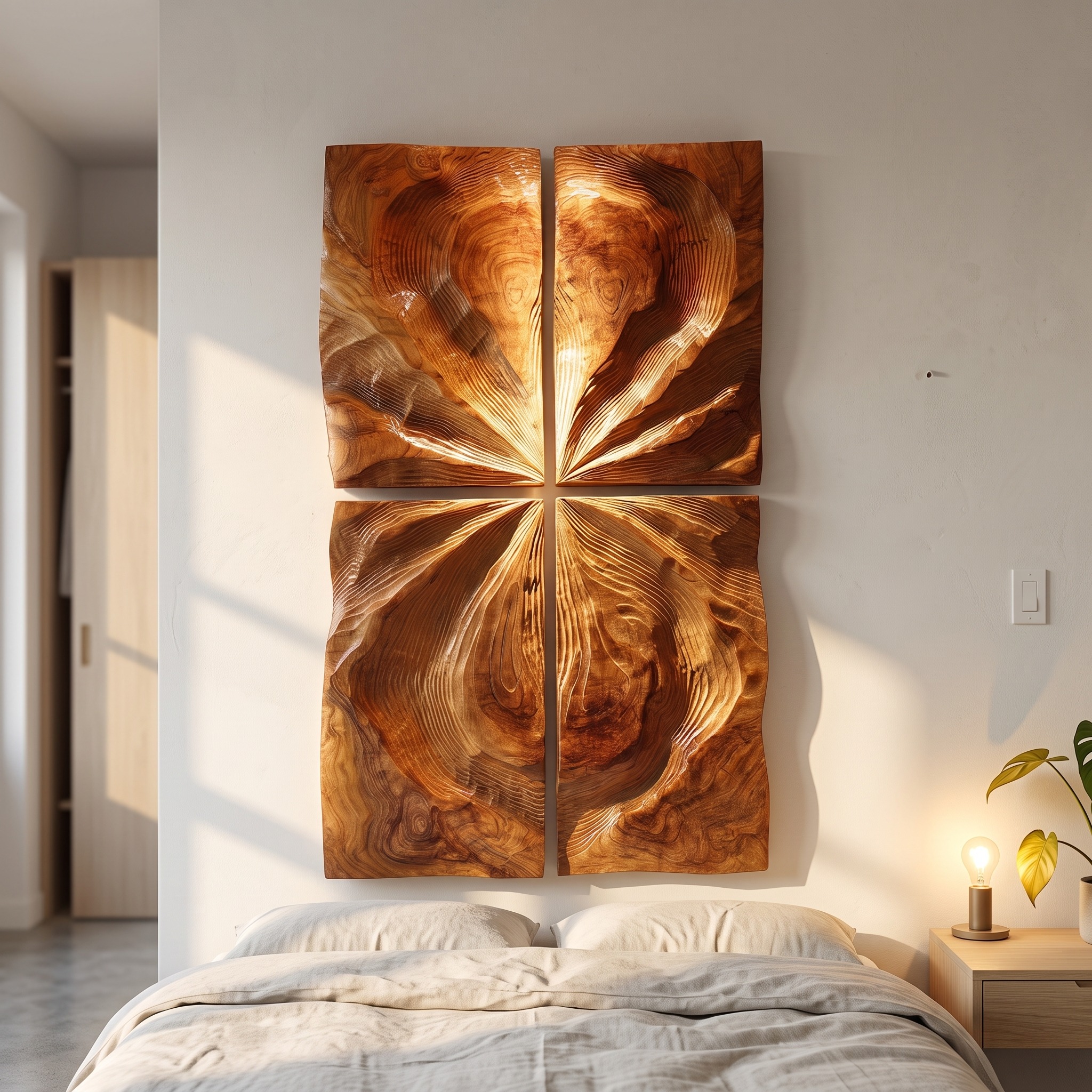 Industrial Sculptural Wood Table Lamp, Modern Geometric Desk Accent Light for Entryway Console & Living Room