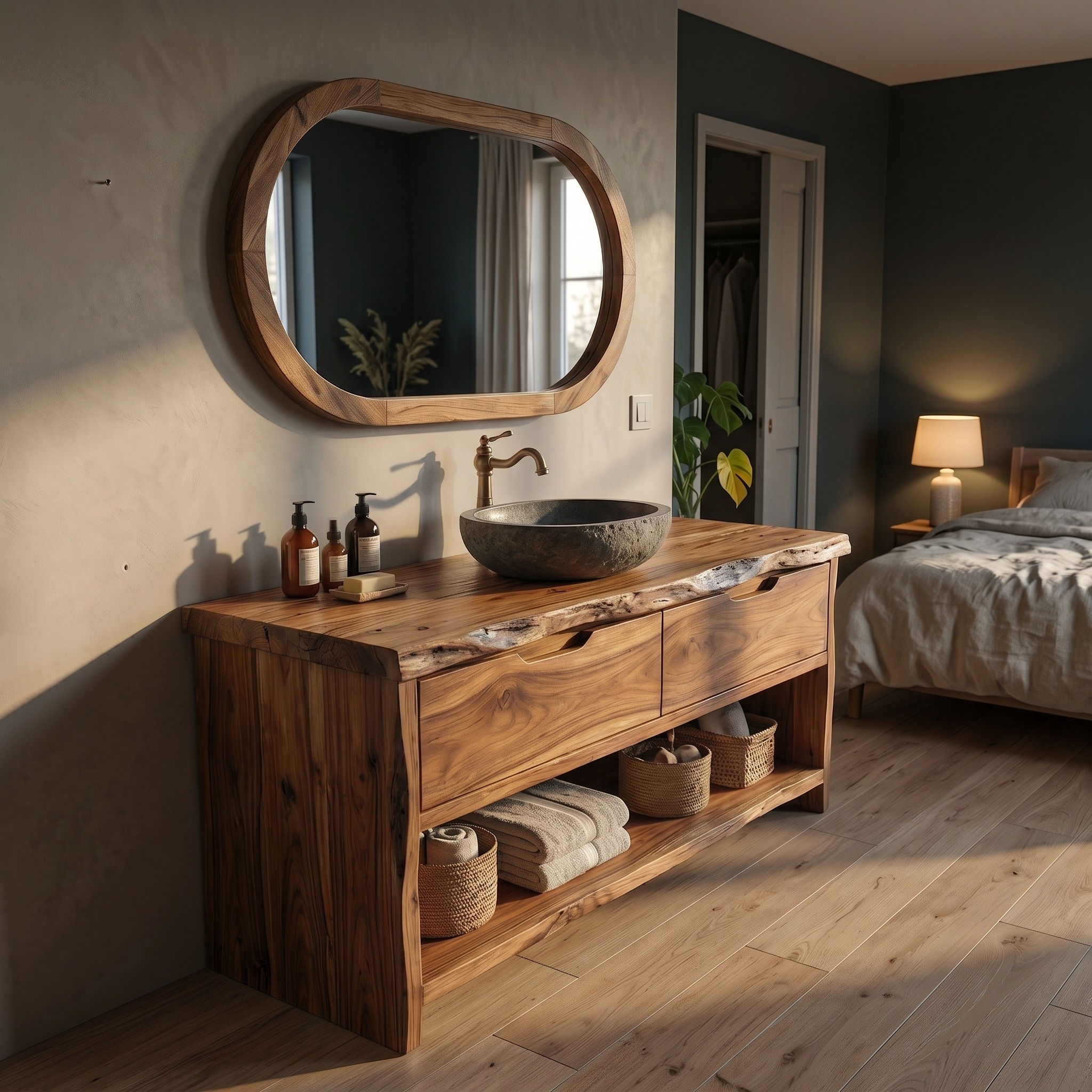Industrial Solid Wood Bathroom Vanity, Freestanding Single Washstand Cabinet with Open Shelf Storage, Rustic Design