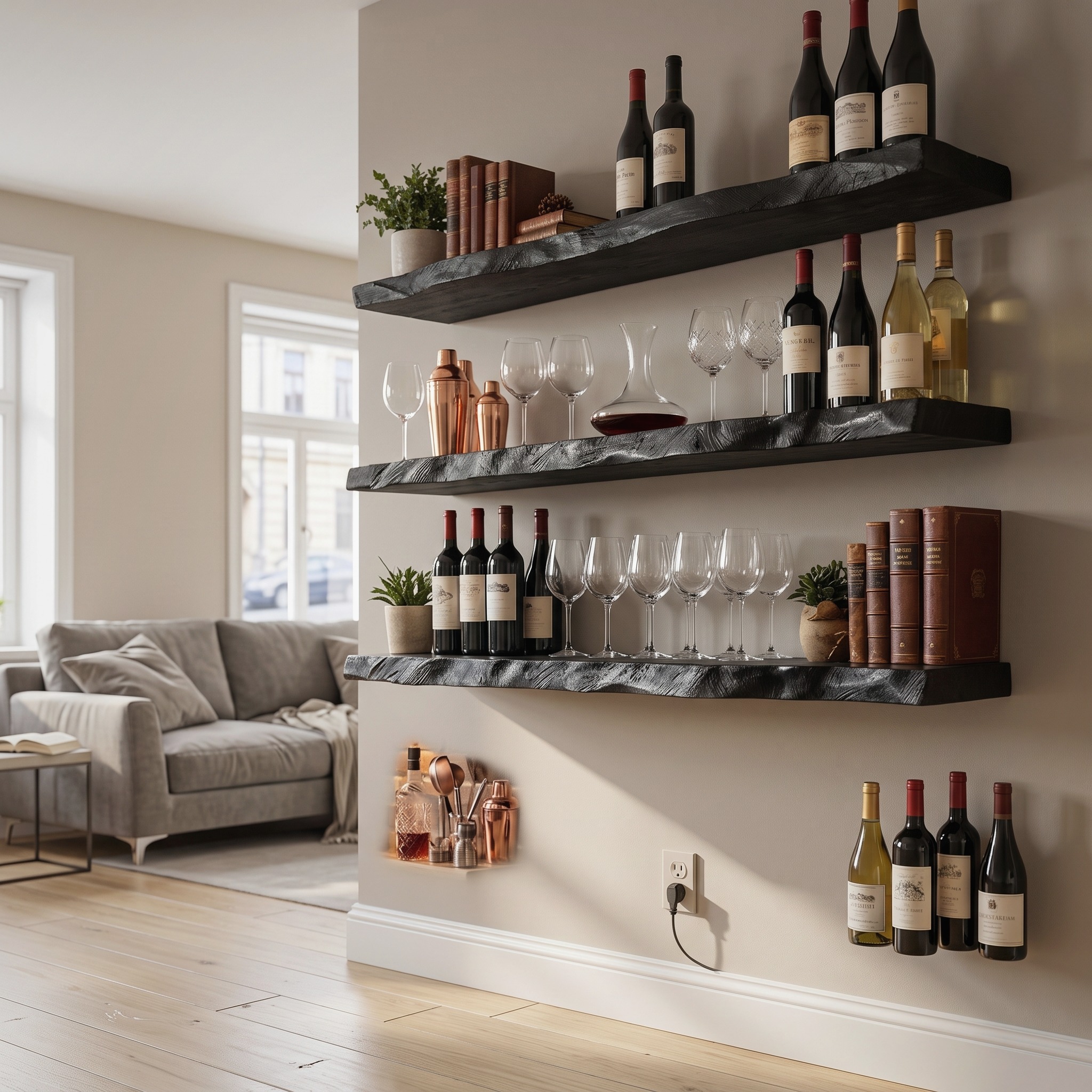 Industrial Solid Wood Floating Bar Shelves Wall Mounted Display Rack