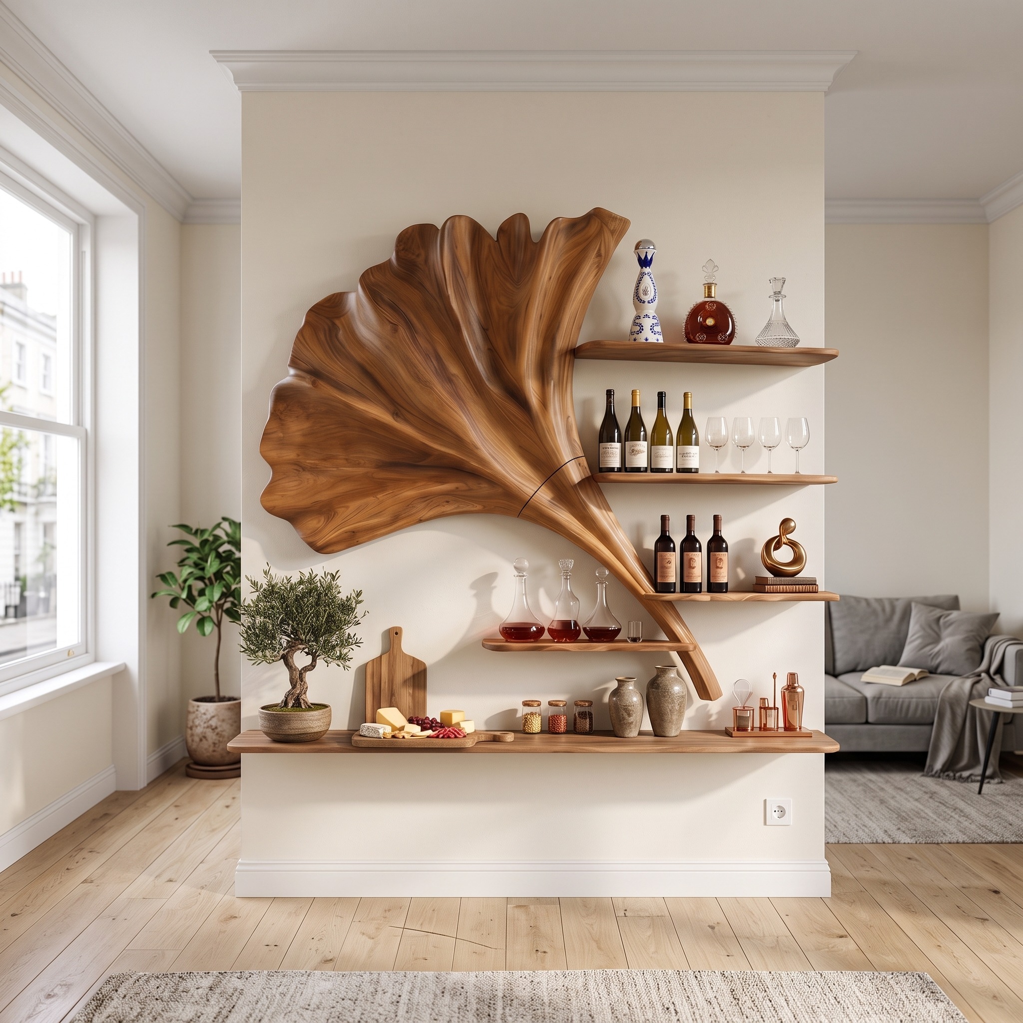 Industrial Wall Wine Holder, Metal & Wood Floating Bottle Rack for Breakfast Nook & Kitchen Beverage Storage