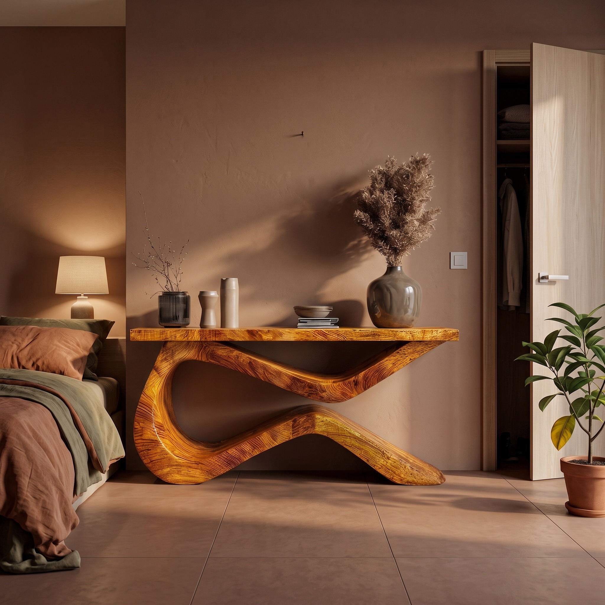 Infinity Loop Console Table, Solid Wood Sculptural Flowing Design, Modern Entryway & Living Room Accent
