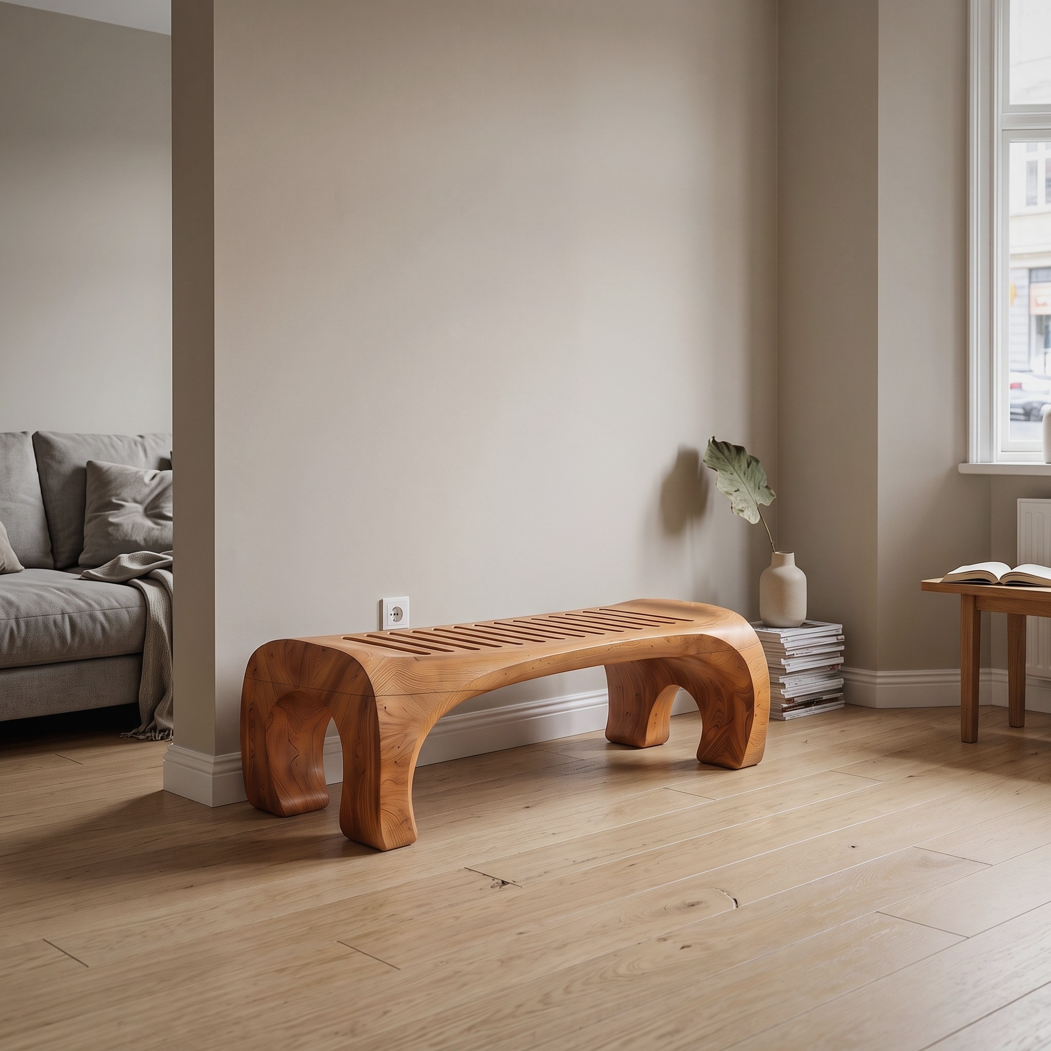 Japandi Bath Bench with Slatted Seat and Balanced Minimal Form