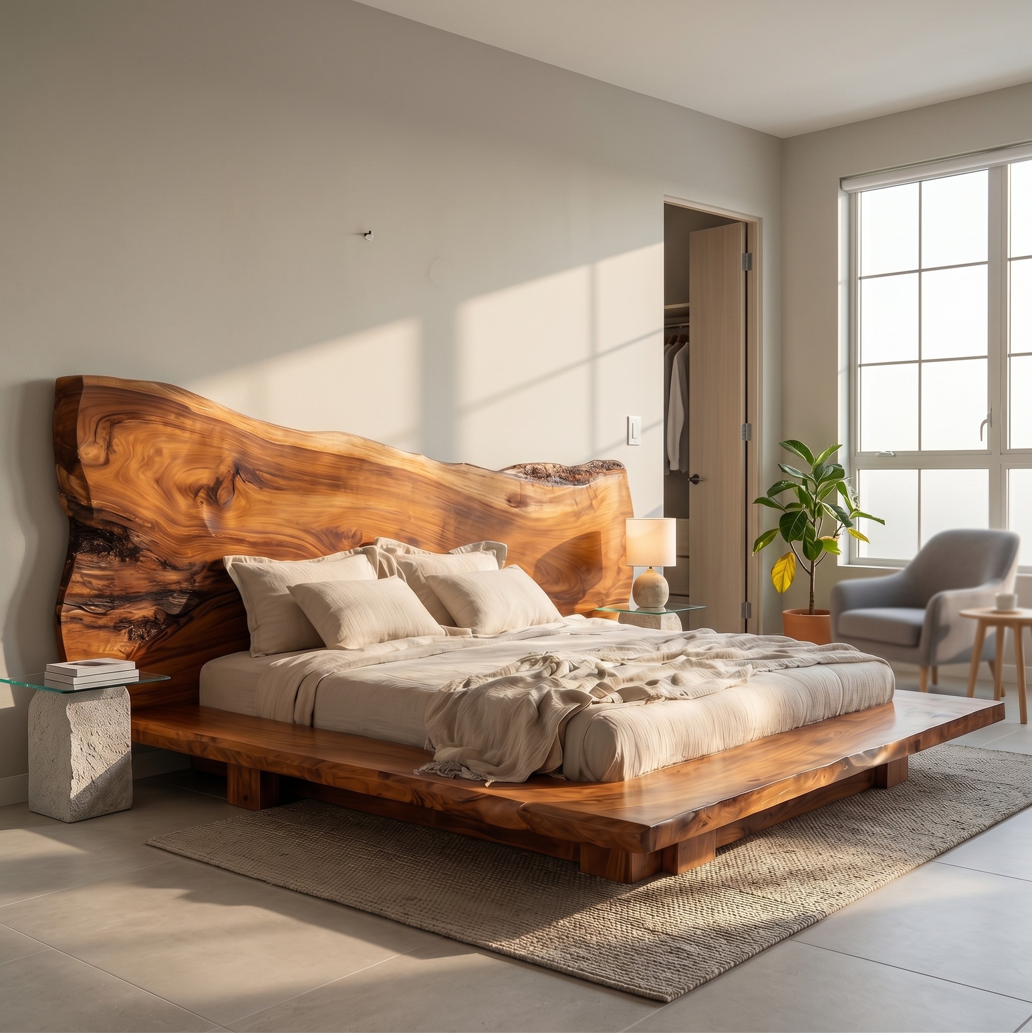 Japandi Bed Frame, Handcrafted Solid Wood Platform Bed Frame with Minimalist Headboard, King Queen Bedroom Furniture