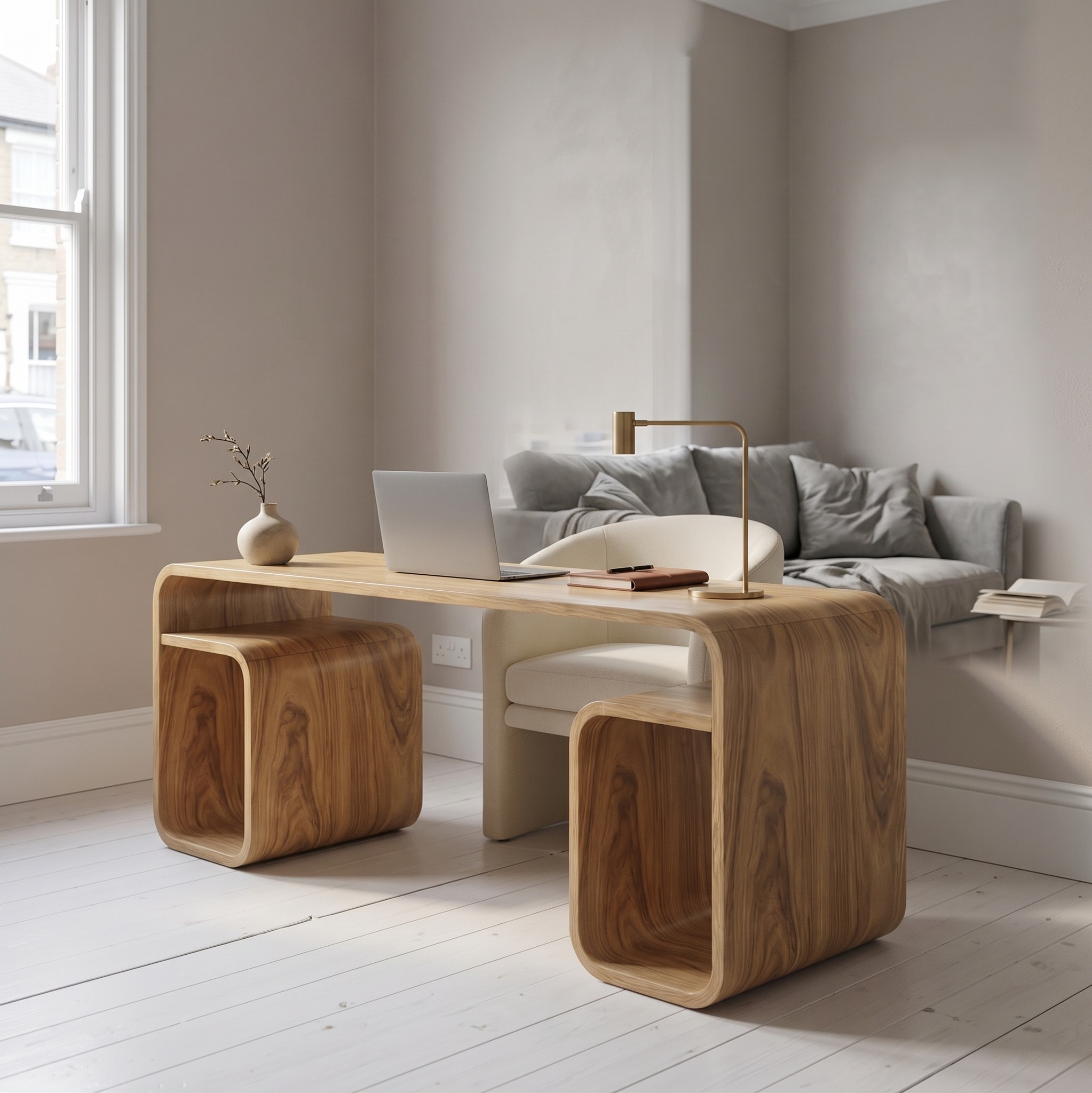 Japandi Curved Desk, Solid Wood Modern Writing Computer Desk for Bedroom & Study Room