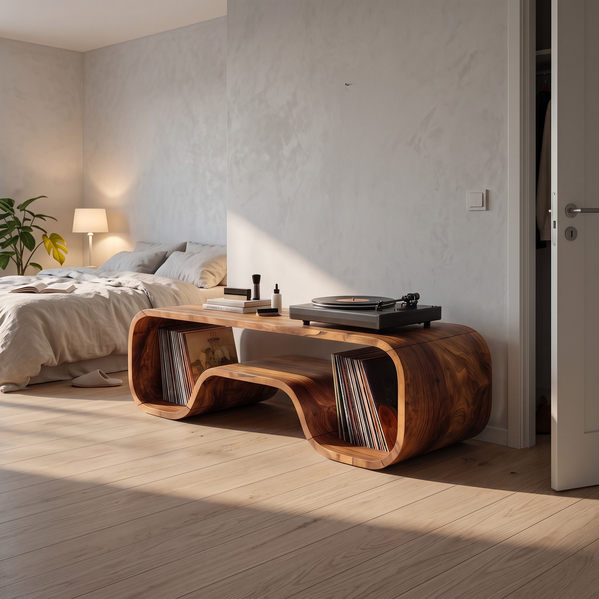 Japandi Curved Wood Record Player Stand, Handcrafted Minimalist Vinyl Storage Turntable Console Cabinet, Model