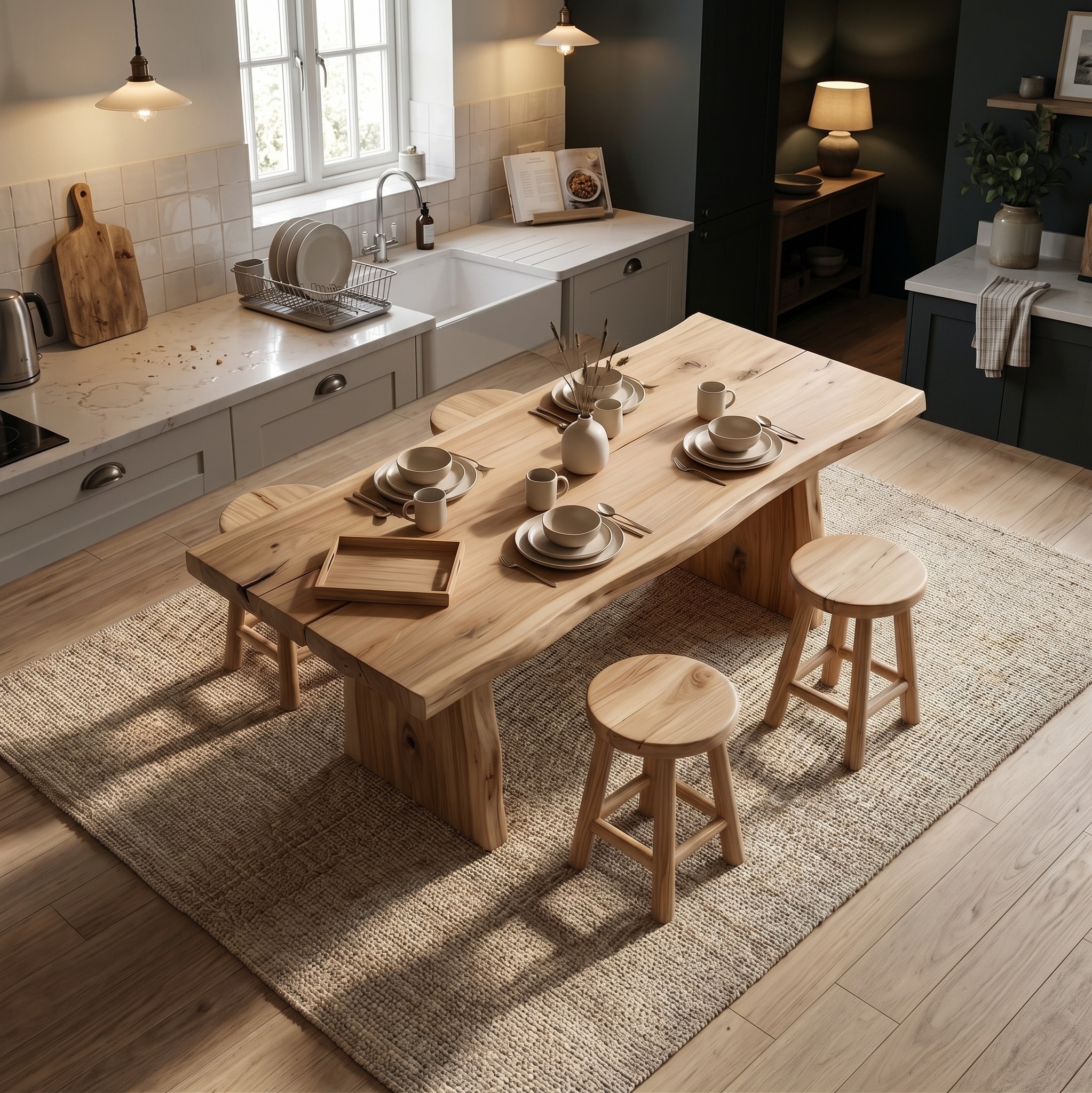 Japandi Minimal Dining Table, Solid Wood Mid-Century Modern Kitchen Table for Dining Room