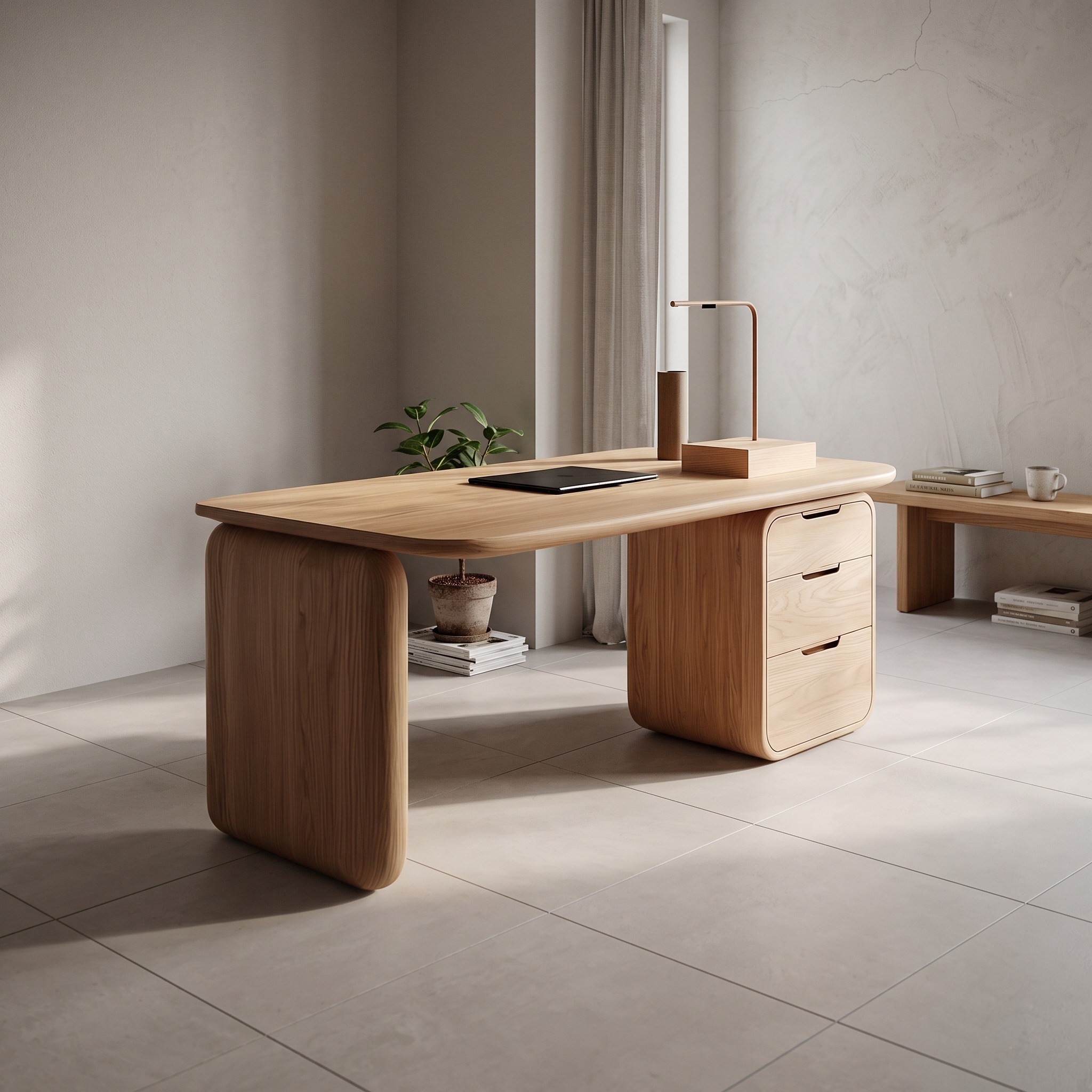 Japandi Serene Office Desk, Minimalist Solid Wood Computer Writing Table for Home Office & Creative Studio Workspace