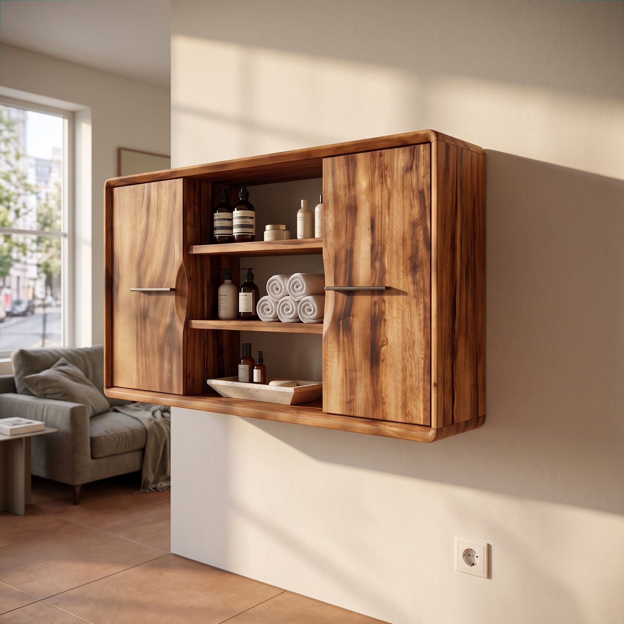 Japandi Solid Wood Open Shelf Bathroom Cabinet, Ensuite Vanity Organizer Cupboard