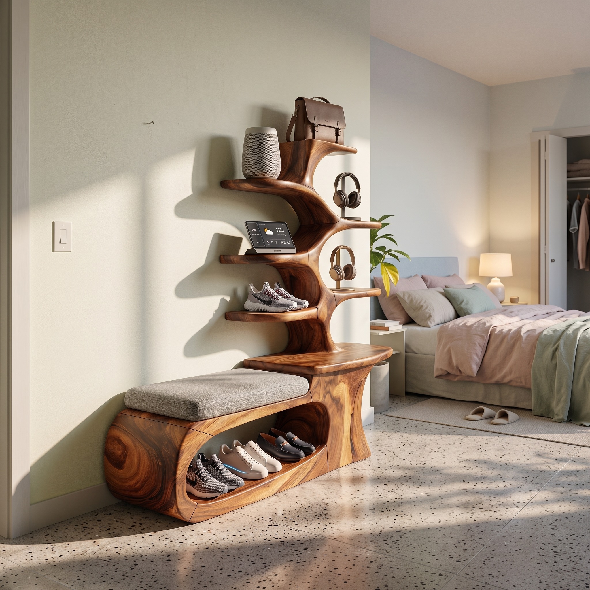 Japandi Solid Wood Shoe Rack Bench, Handcrafted Entryway Storage Shelf & Hallway Closet Organizer Stand