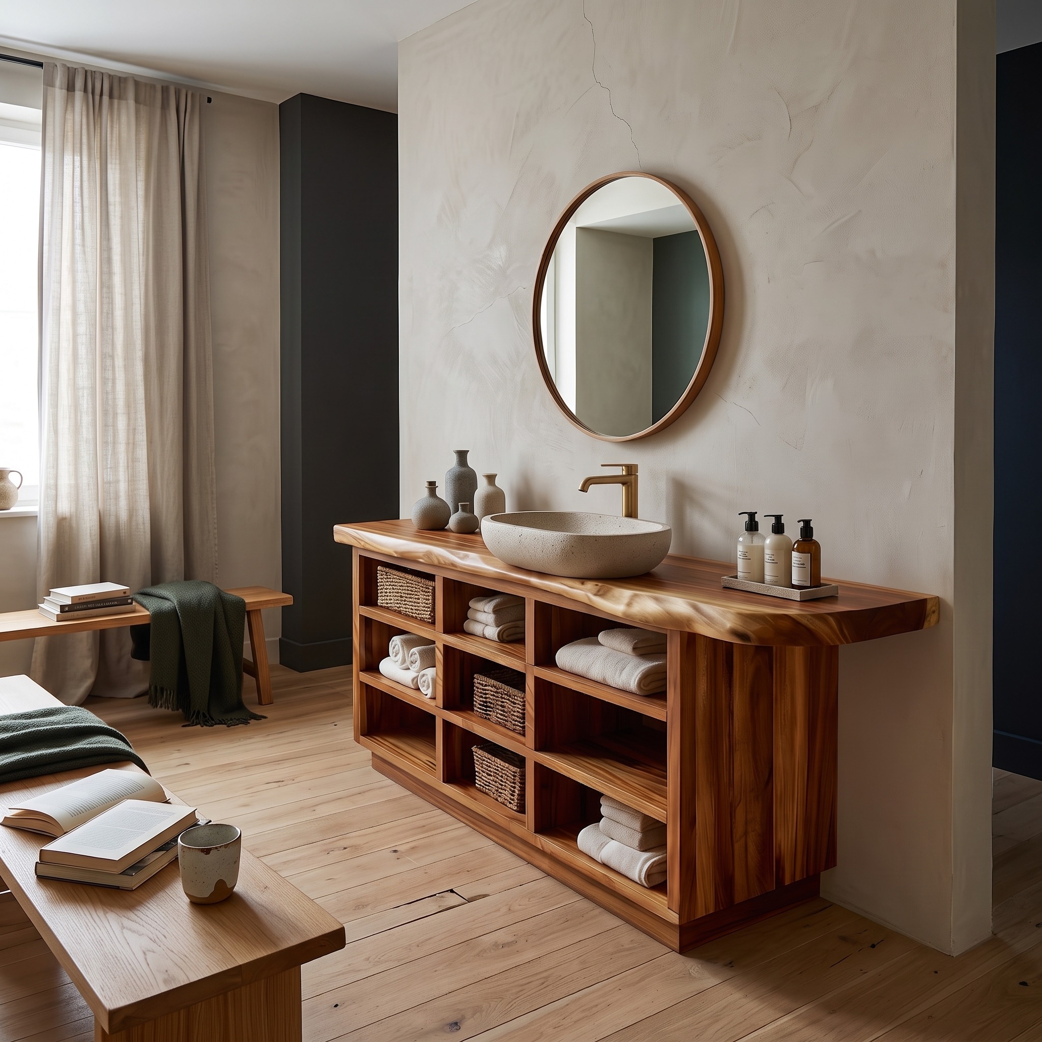 Japandi Solid Wood Washstand Vanity, Minimalist Zen Bathroom Sink Cabinet and Floating Console Storage