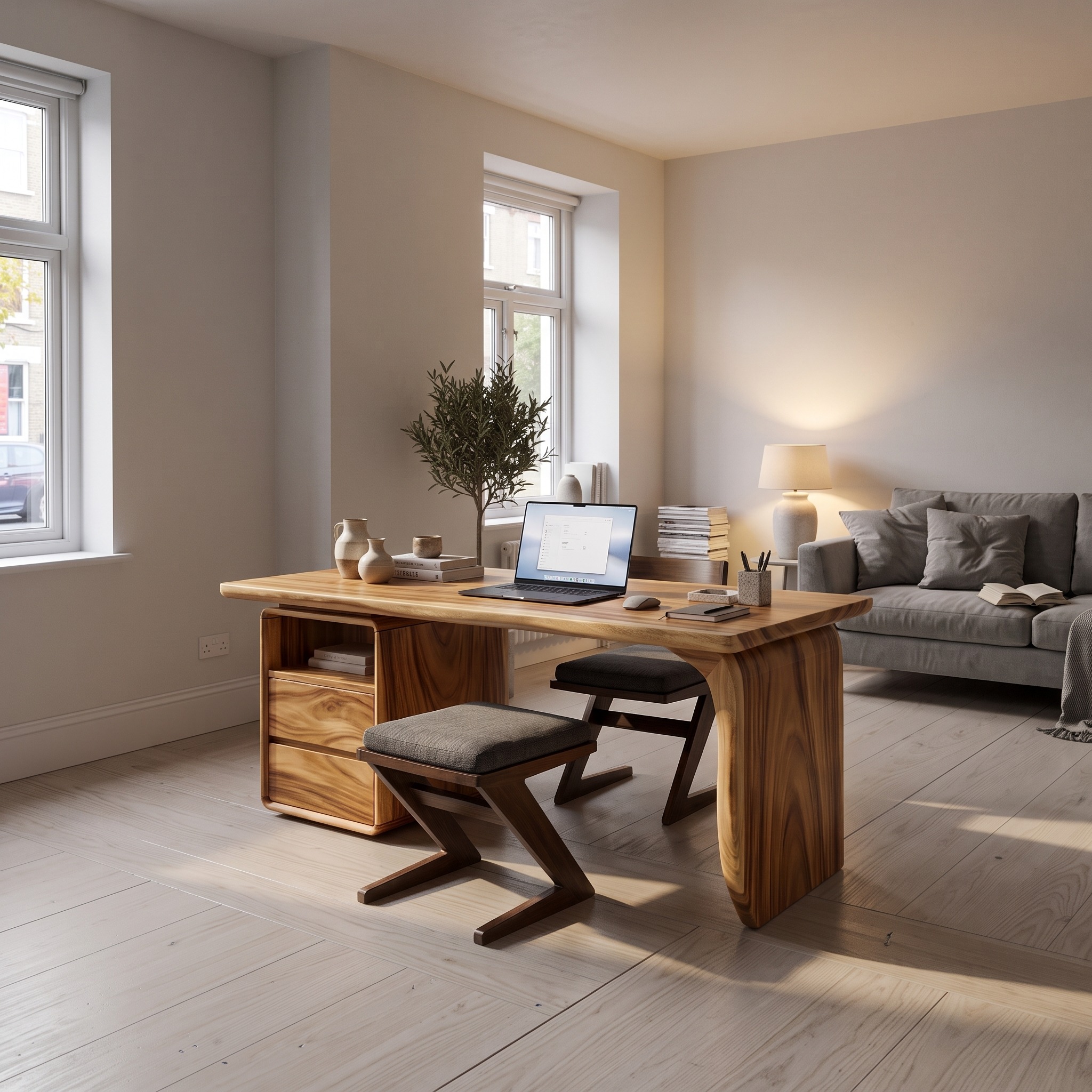 Japandi Study Desk with Curved Legs, Zen Style Wooden Writing Computer Table for Home Office