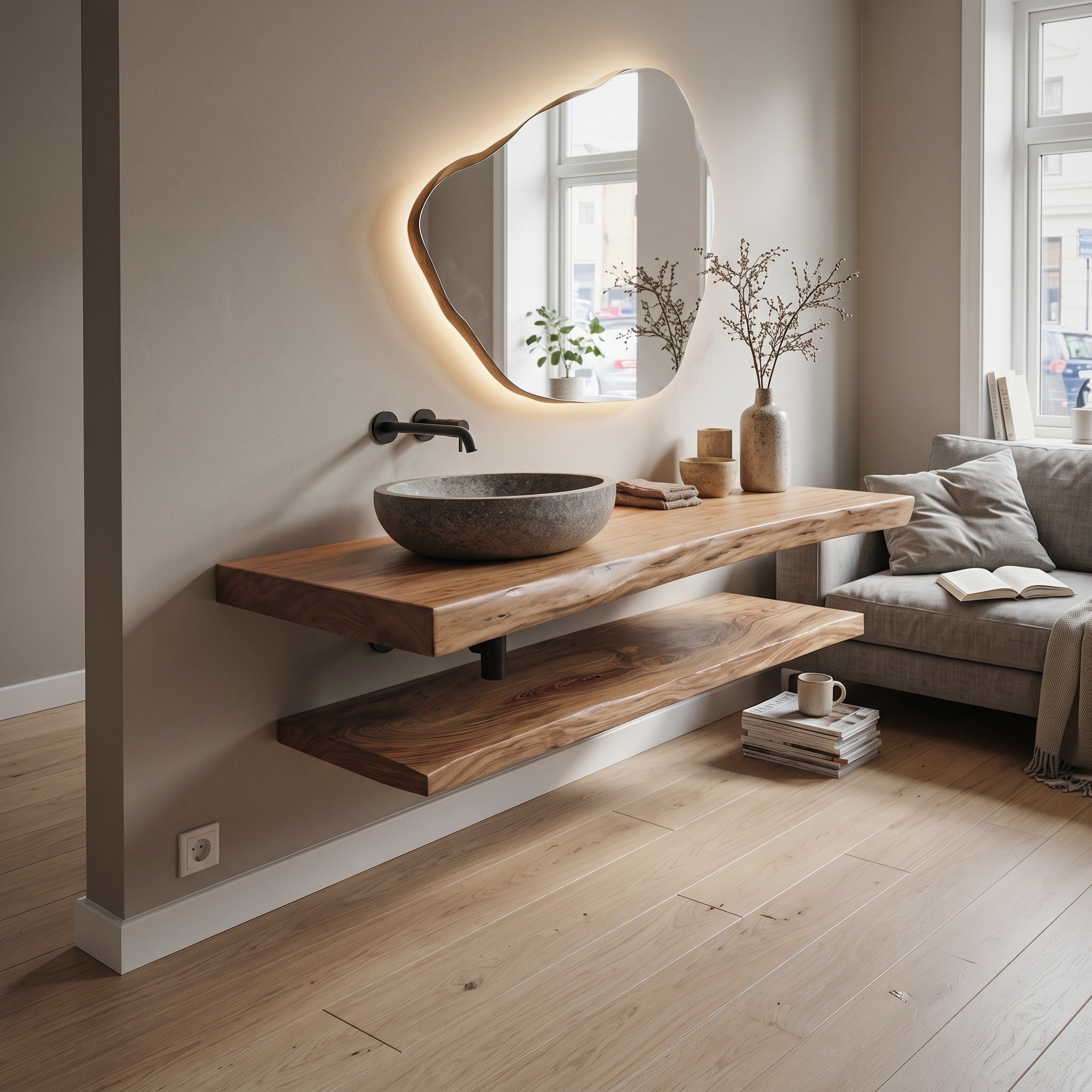 Japandi Style Bathroom Vanity Live Edge Floating Counter Shelf