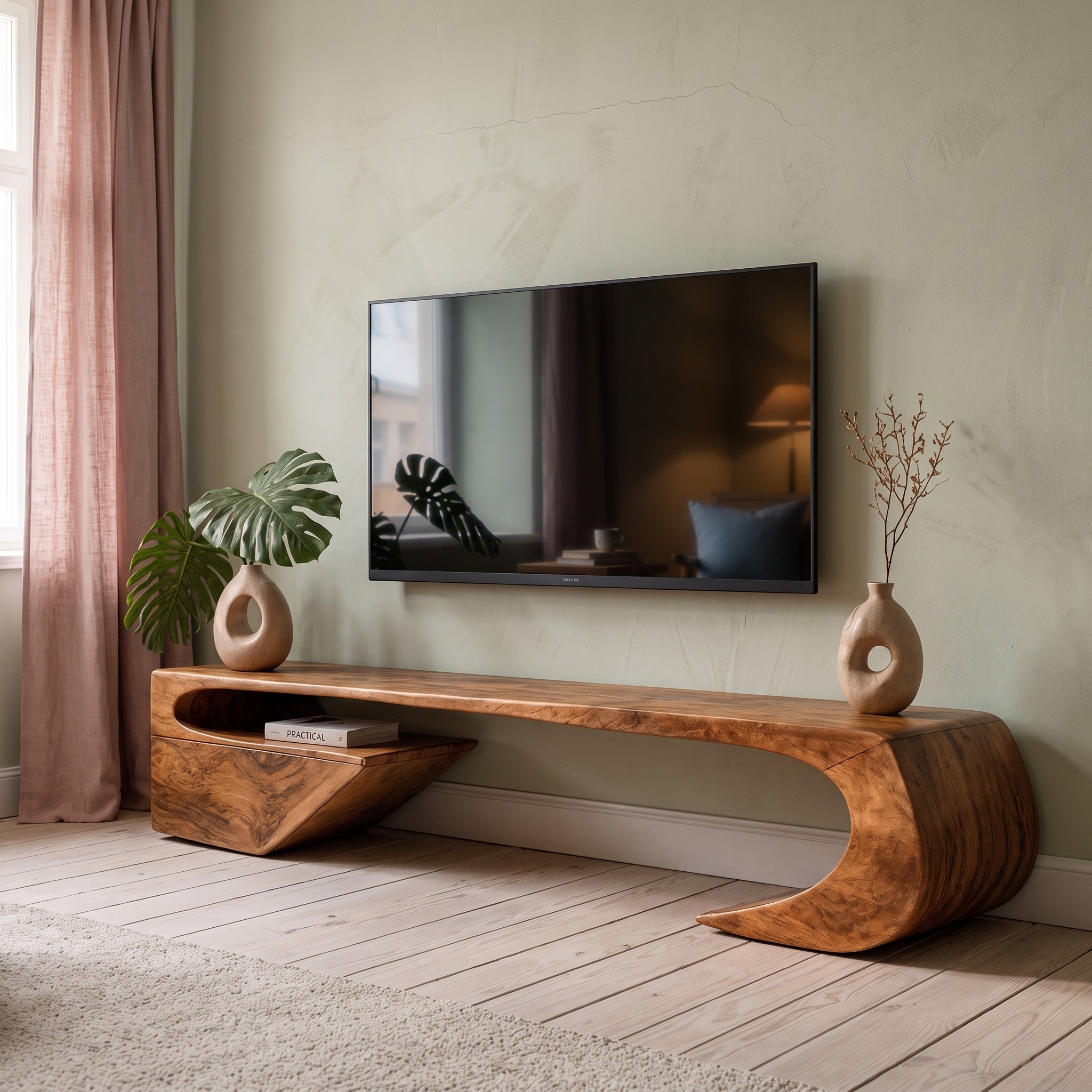 Japandi TV Cabinet with Sculptural Curved Wood Base, Solid Wood Media Console & Modern Minimalist TV Stand
