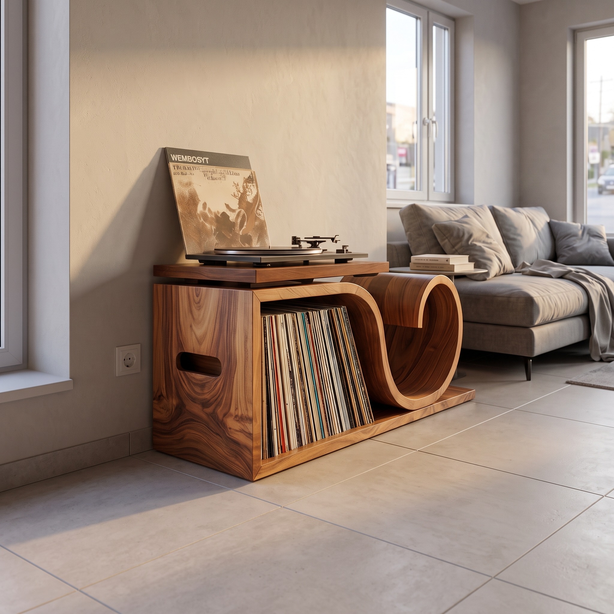 Japandi Wave Wooden Record Player Cabinet, Handcrafted Minimalist Turntable Stand & Vinyl Record Organizer, Model