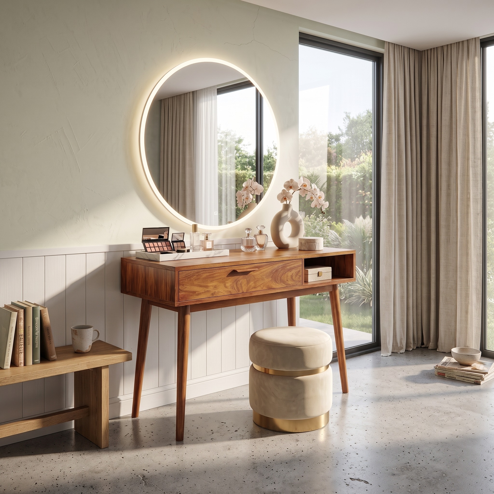 Japandi Wooden Makeup Desk, Modern Bedroom Dressing Table & Beauty Vanity Station