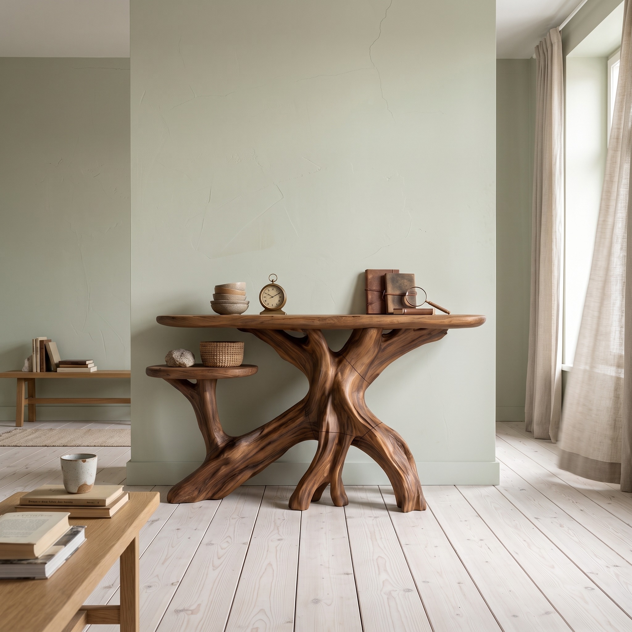 Japandi Zen Wood Console Table, Minimalist Entryway Foyer Table & Bedroom Makeup Dressing Console, Solid Wood