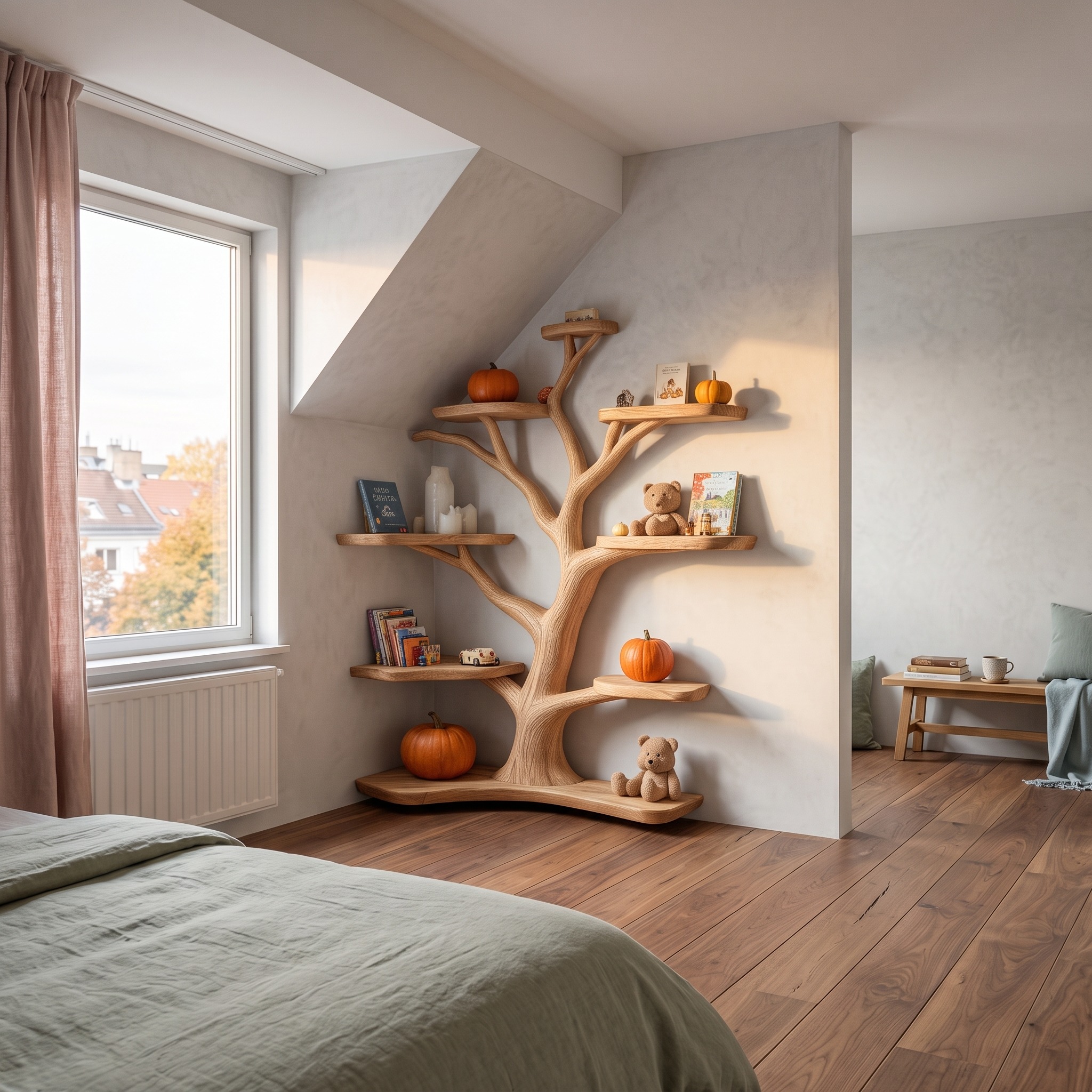 Kids Tree Bookshelf, Wooden Tree-Shaped Bookcase for Nursery & Bedroom, Playroom Toy Organizer Wall Bookshelf