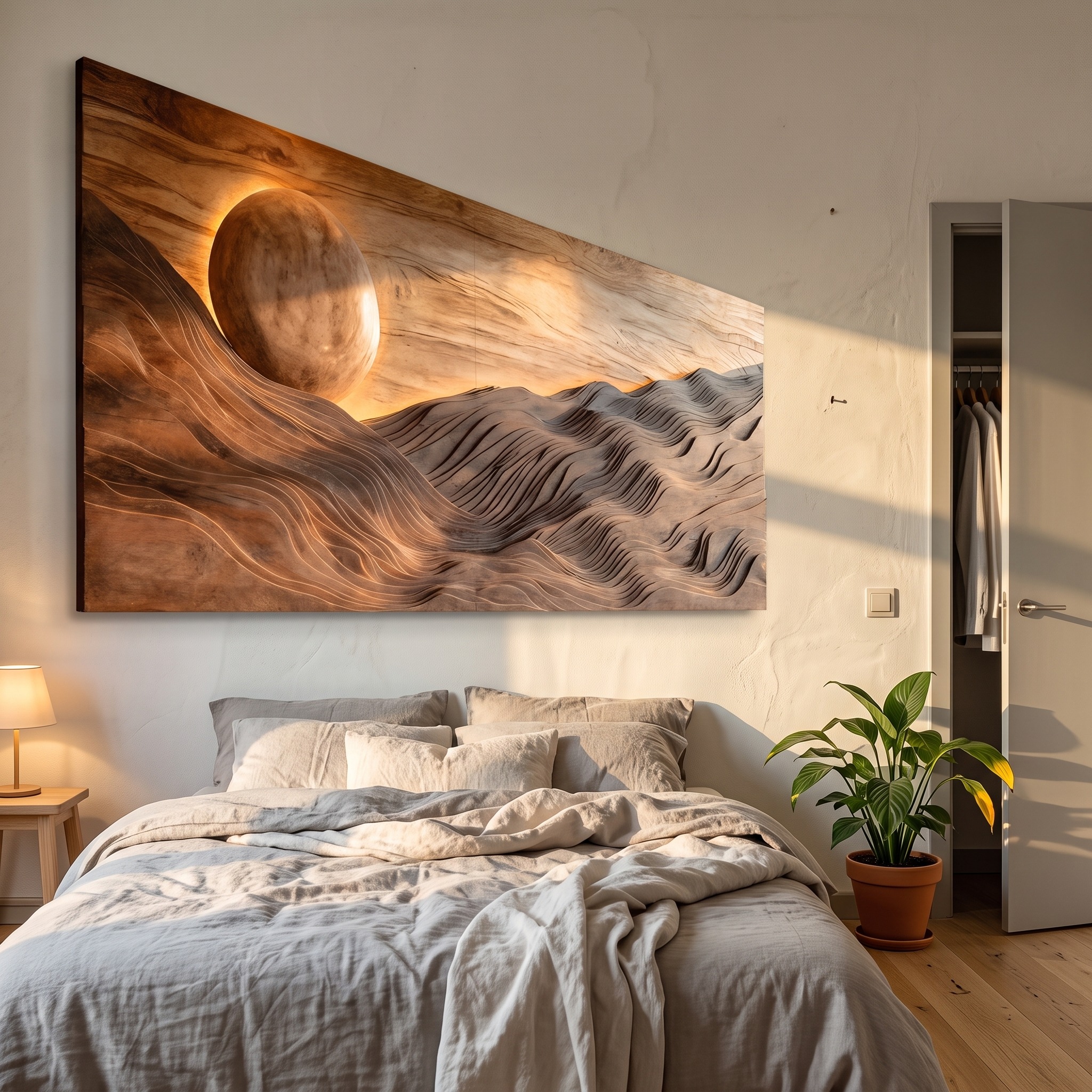 Large Sun Over Mountains Wooden Wall Art, Rustic Sunset Landscape 3D Wood Sculpture Panel for Home