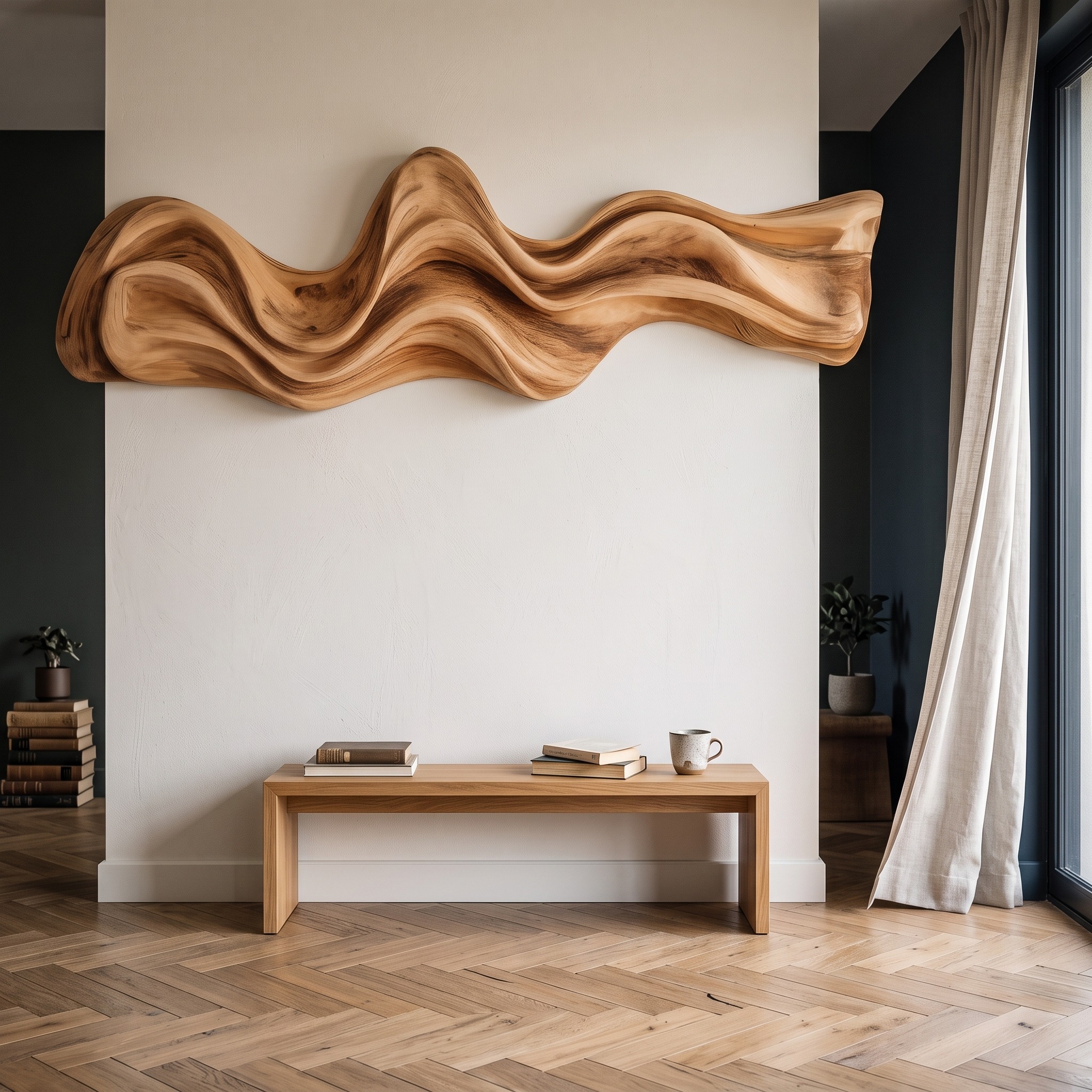 Large Wavy Wall Art Sculpture, Modern 3D Hand Carved Curved Wood Hanging Accent Panel for Living Room Decor