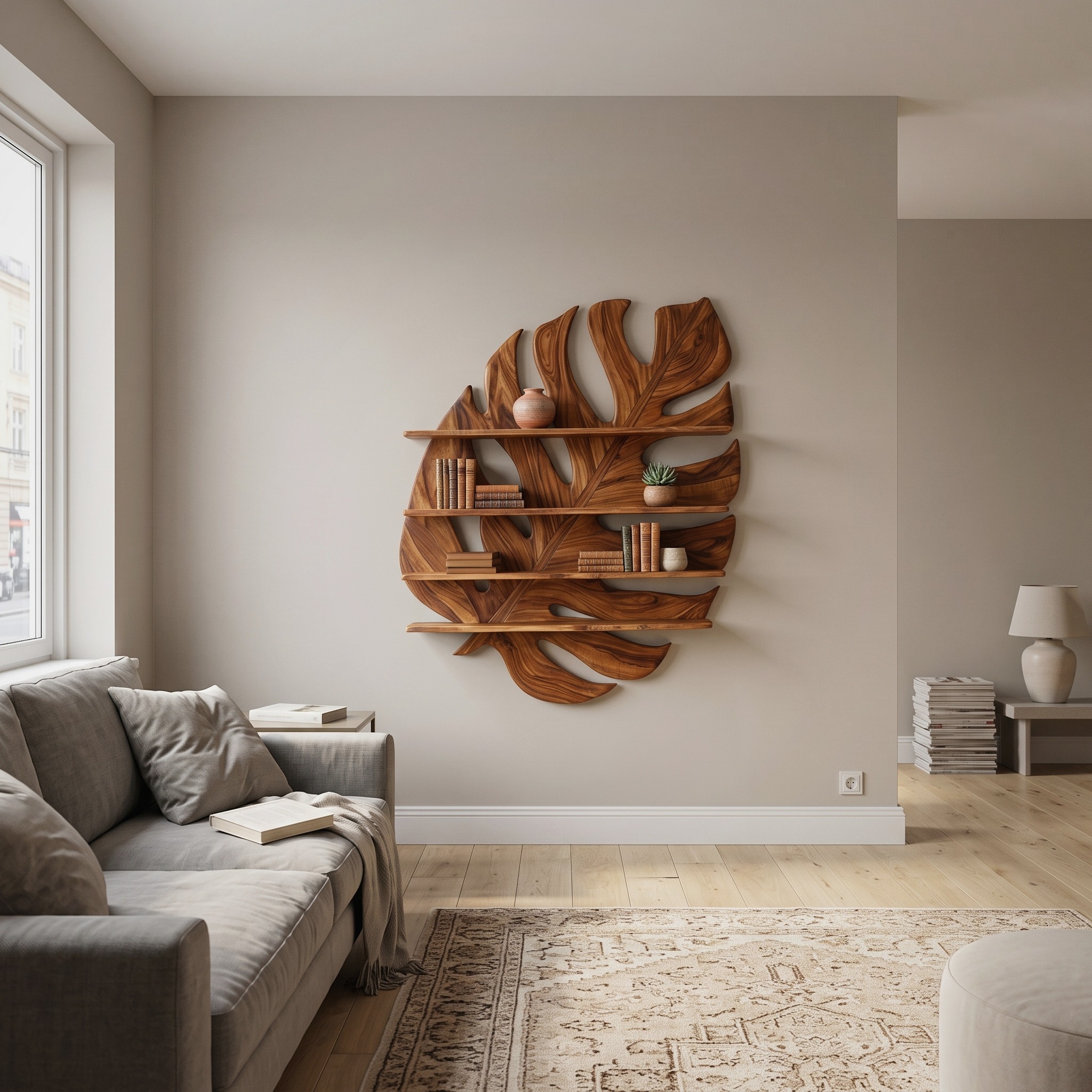 Large Wooden Tropical Leaf Bookshelf for Living Room