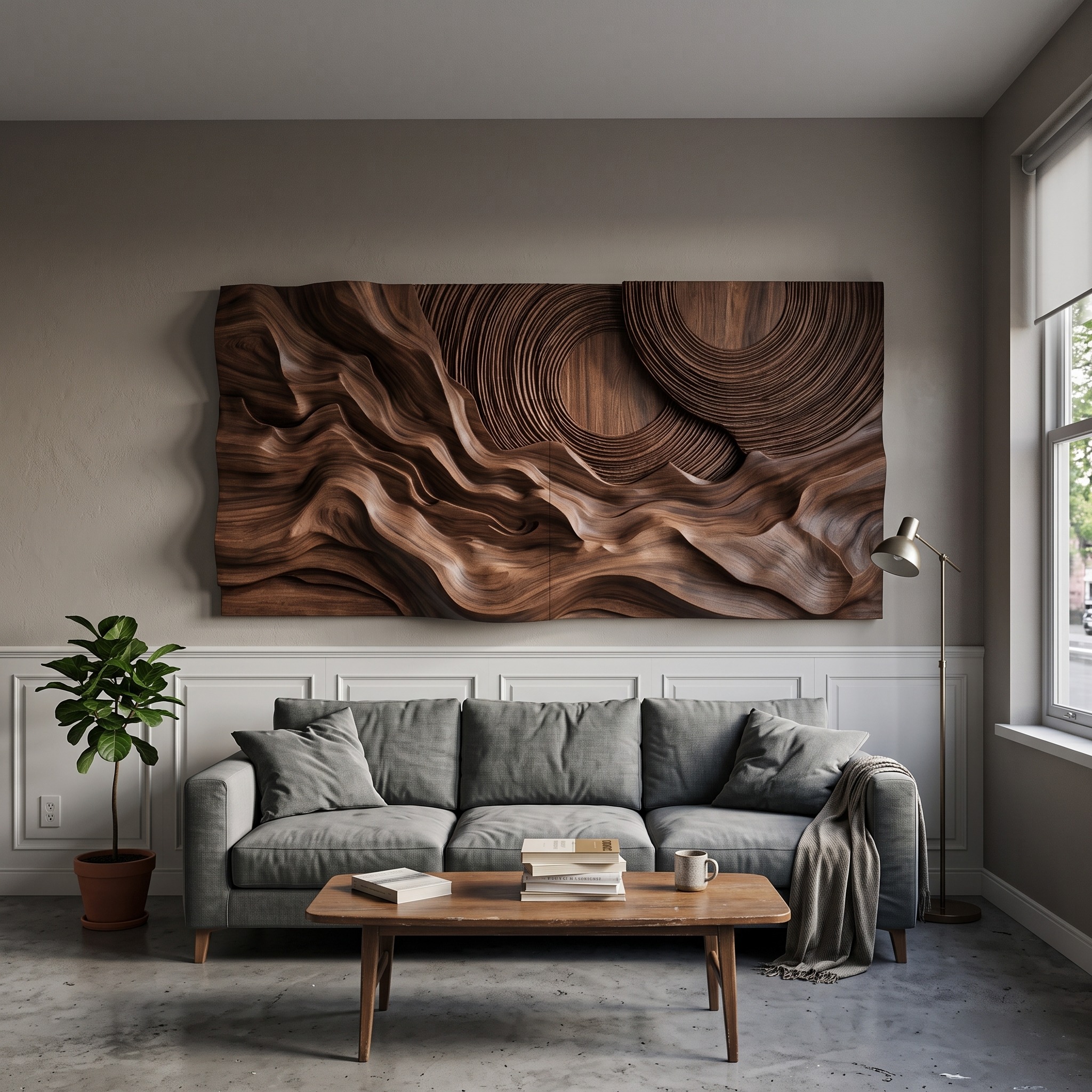 Layered Wave Wall Sculpture, Abstract Geometric Circular 3D Wood Wall Art Panel for Living Room Decor