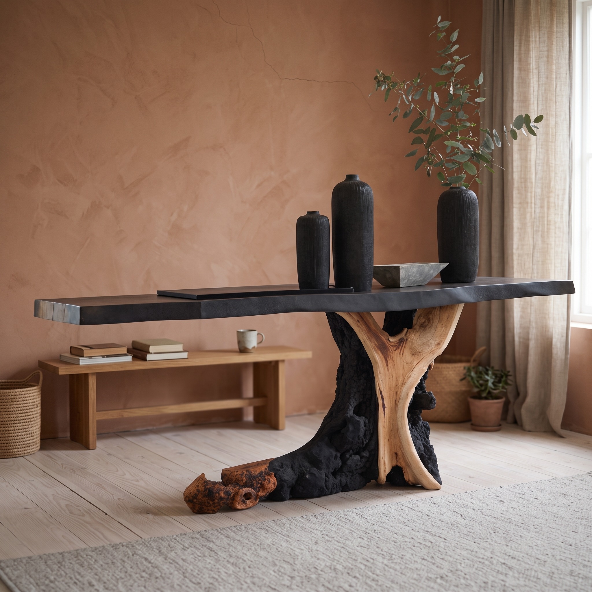 Live Edge Cantilevered Console Table, Handcrafted Solid Wood Entryway Sofa Accent Table for Hallway