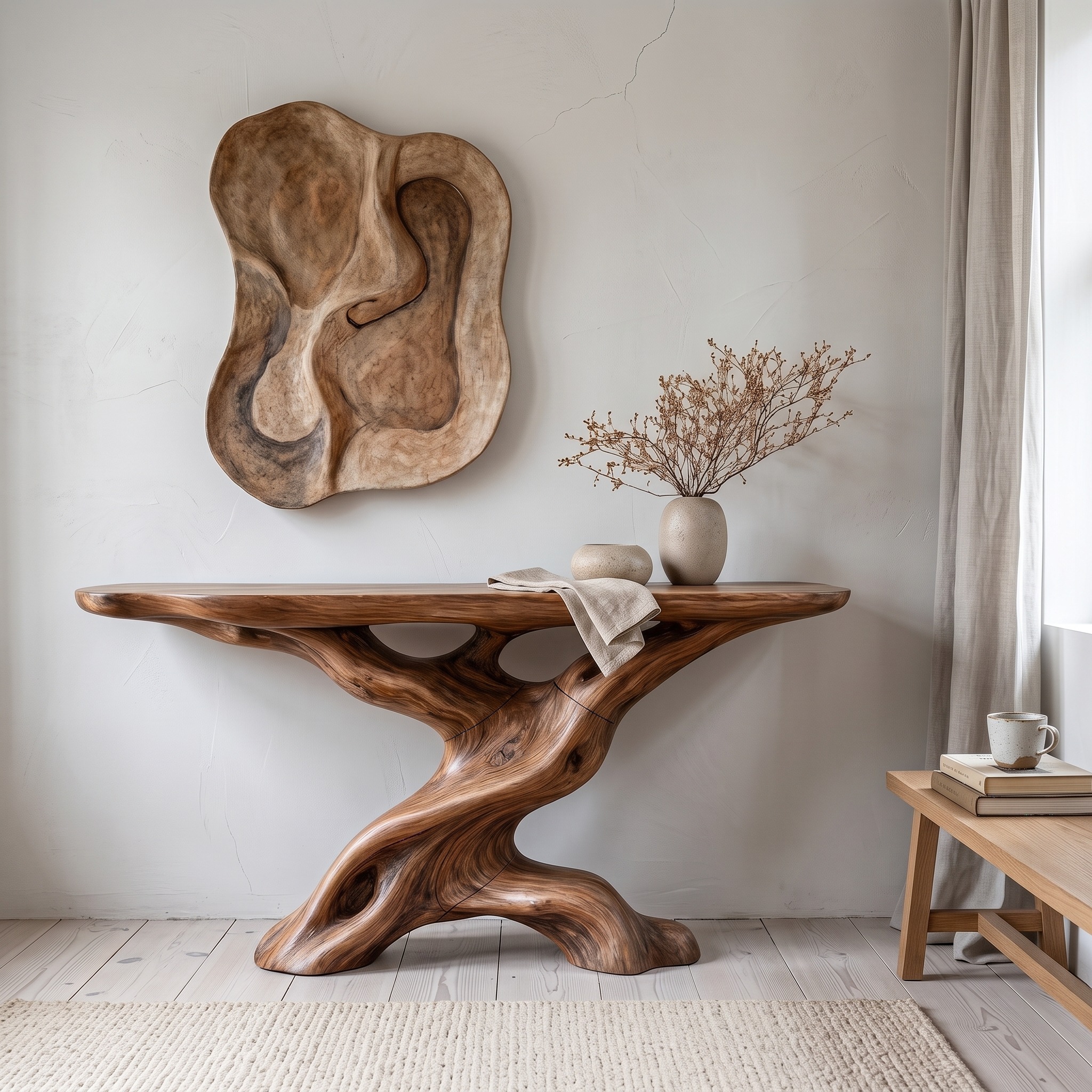 Live Edge Console Table with Sculptural Wood Base, Solid Wood Sofa Accent Table for Living Room