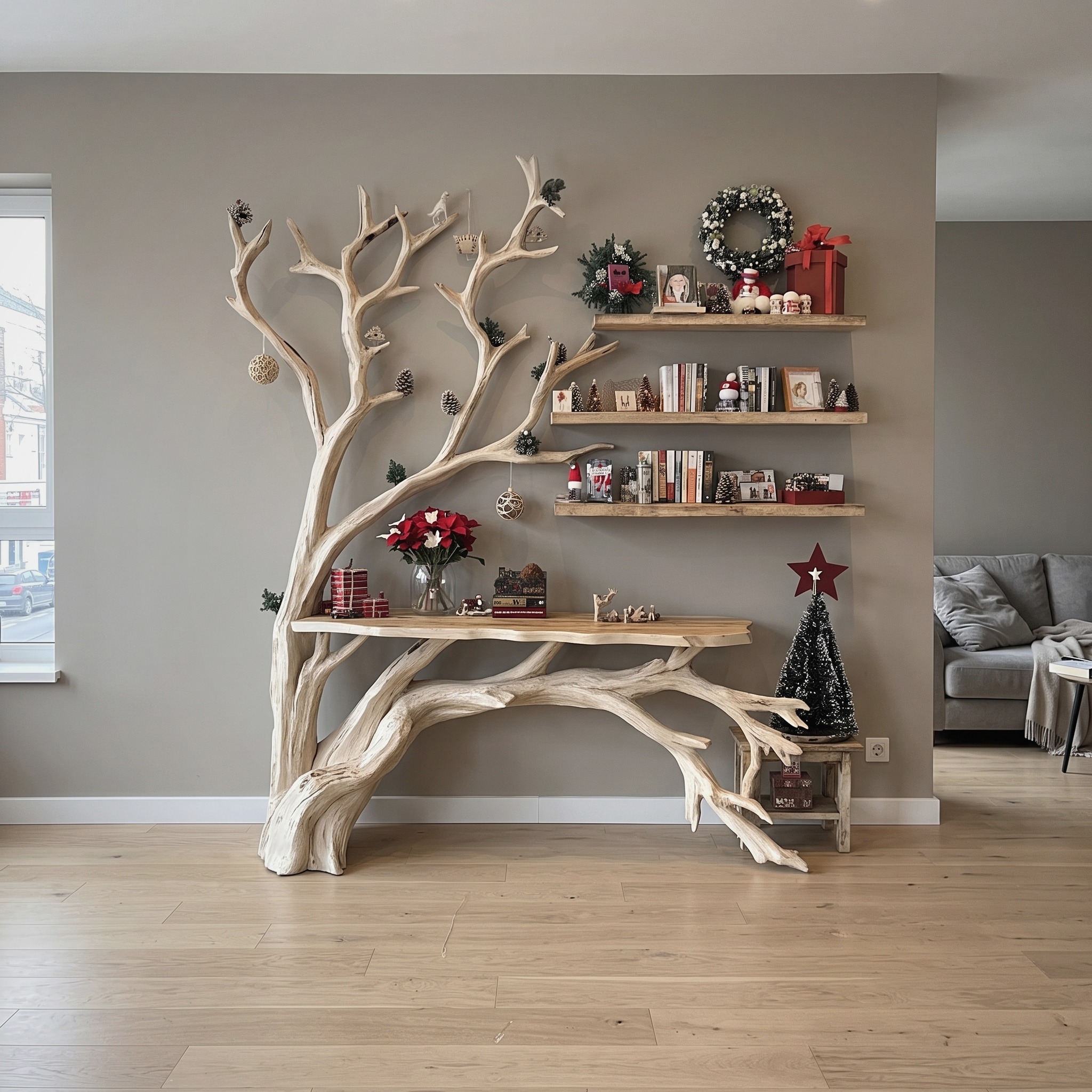 Live Edge Side Table with Tree Bookshelf Console Table